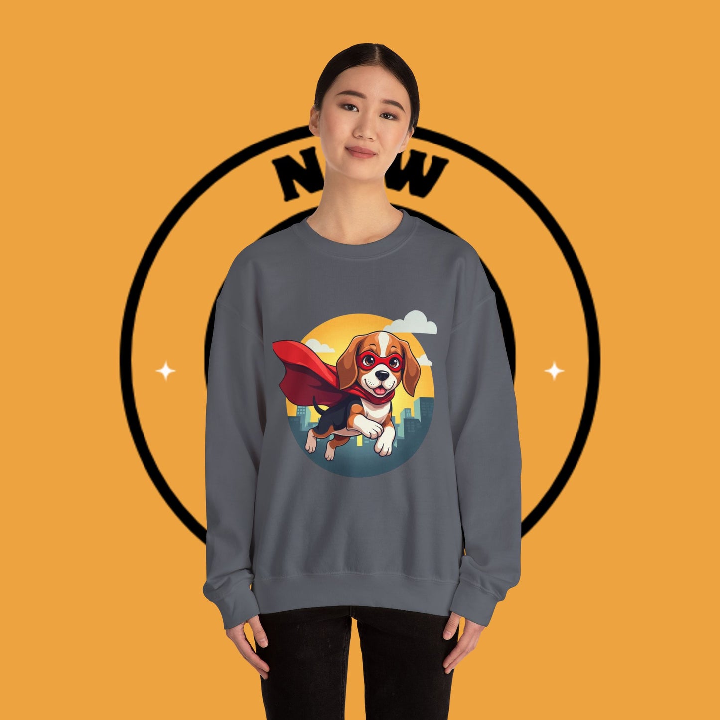 Superhero Dog Crewneck Sweatshirt - Flying Beagle Design with Red Cape and Mask