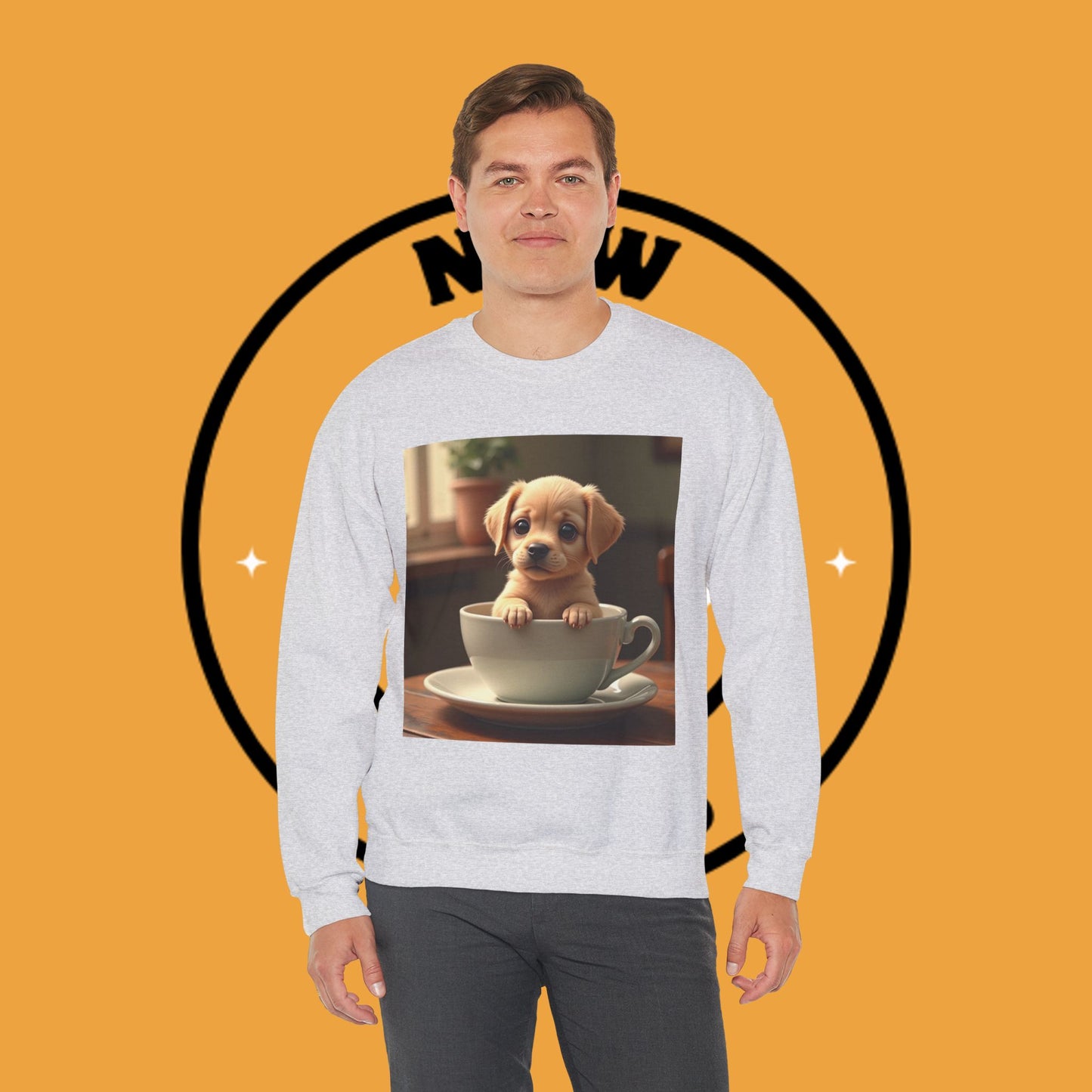 Unisex Dog Lover Crewneck Sweatshirt - Teacup Puppy: Adorable Yellow Lab in Coffee Cup