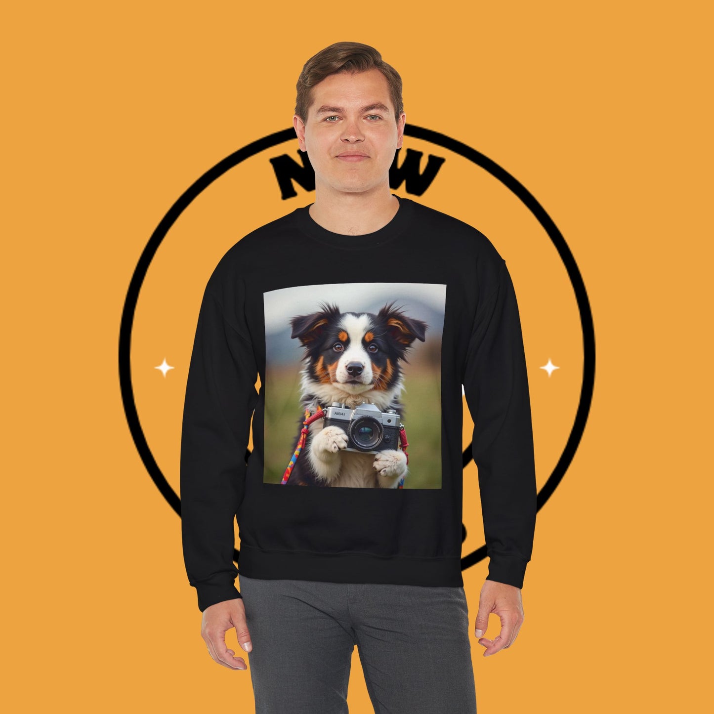 Photographer Dog Crewneck Sweatshirt - Cute Puppy with Vintage Camera Design | Photography Lover Gift