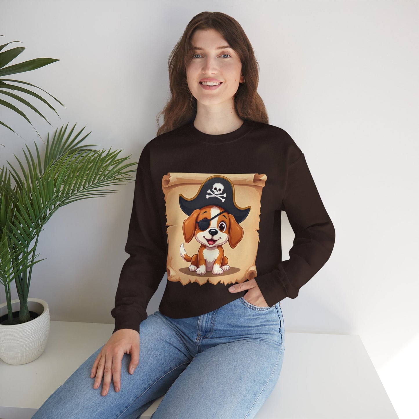 Pirate Dog Crewneck Sweatshirt - Buccaneer Beagle Design with Patch and Hat