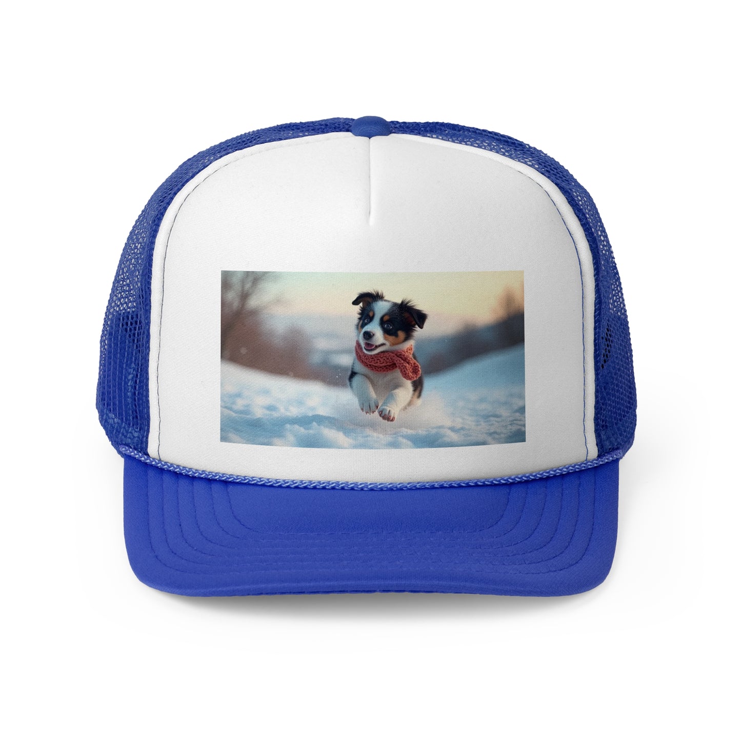 Winter Puppy Trucker Hat - Cozy Dog in Snow Cap - Adorable Scarf Puppy Baseball Hat