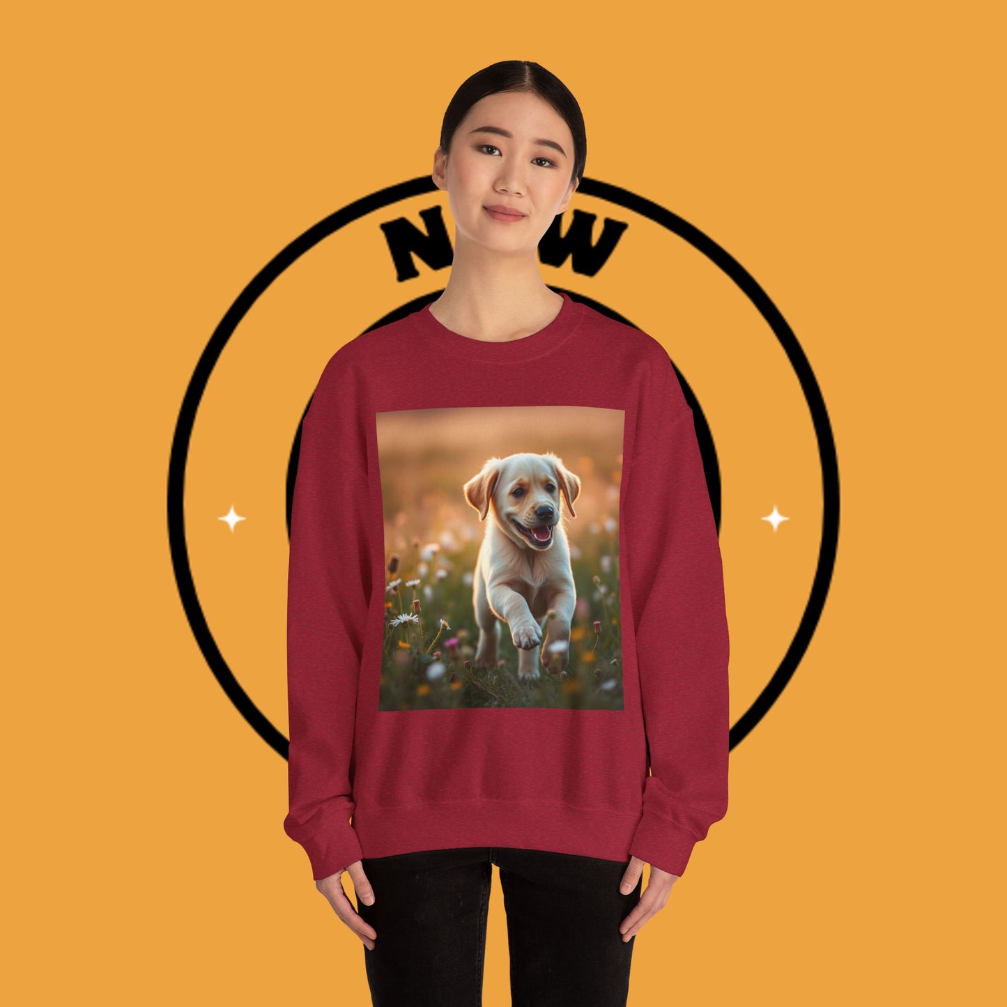 Unisex Dog Lover Crewneck Sweatshirt - Playful Labrador Puppy Running Through Wildflower Meadow