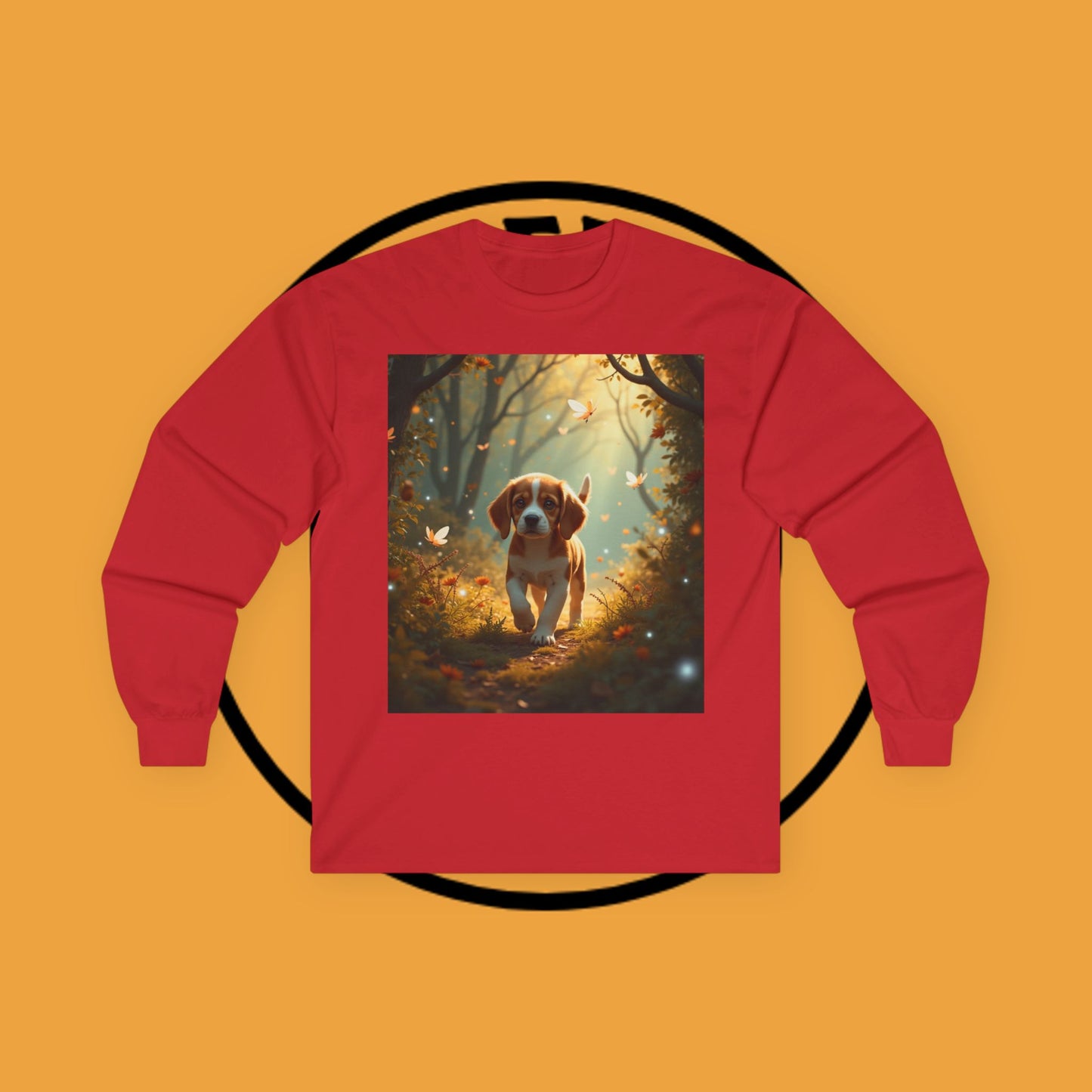 Magical Forest Beagle Puppy with Autumn Leaves and Butterflies Long Sleeve Tee