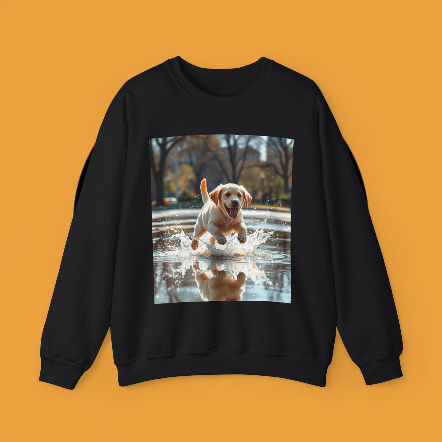 Unisex Dog Lover Crewneck Sweatshirt -Labrador Puppy Running in Water - Happy Dog Splashing in Puddle