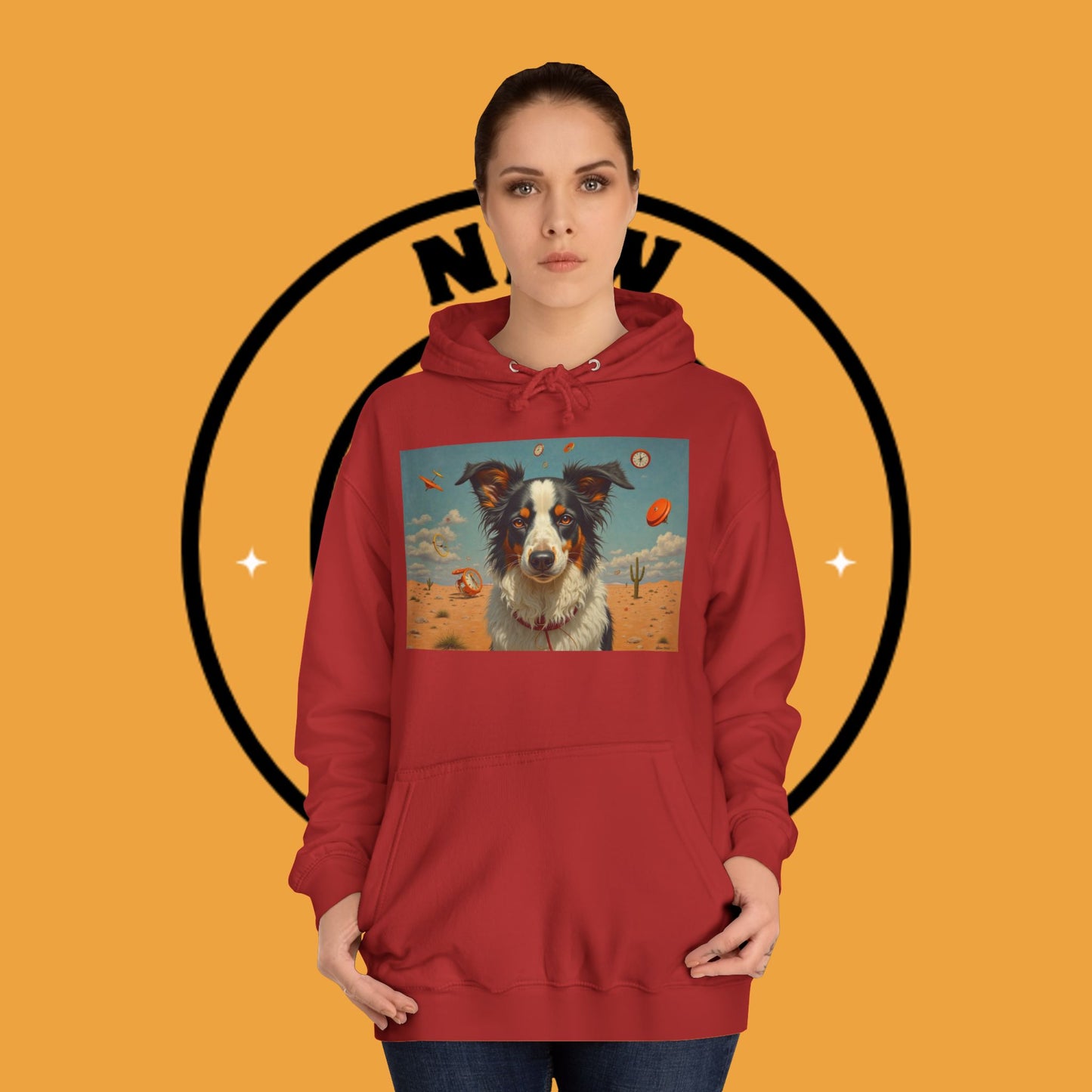 "Surreal Border Collie Time Desert Hoodie - Flying Clocks Artistic Dog Sweatshirt | Dreamlike Fantasy Design"