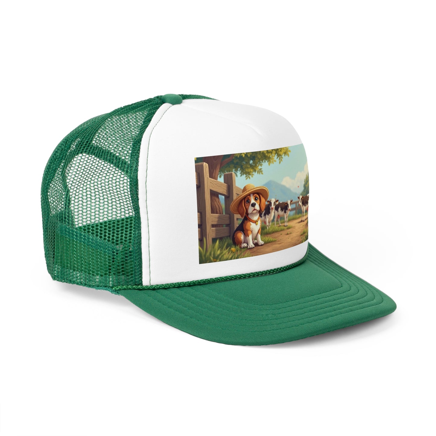 Farm Beagle with Straw Hat and Cows Trucker Hat - Country Dog Lover Cap - Adorable Dog Lover Unisex Cap
