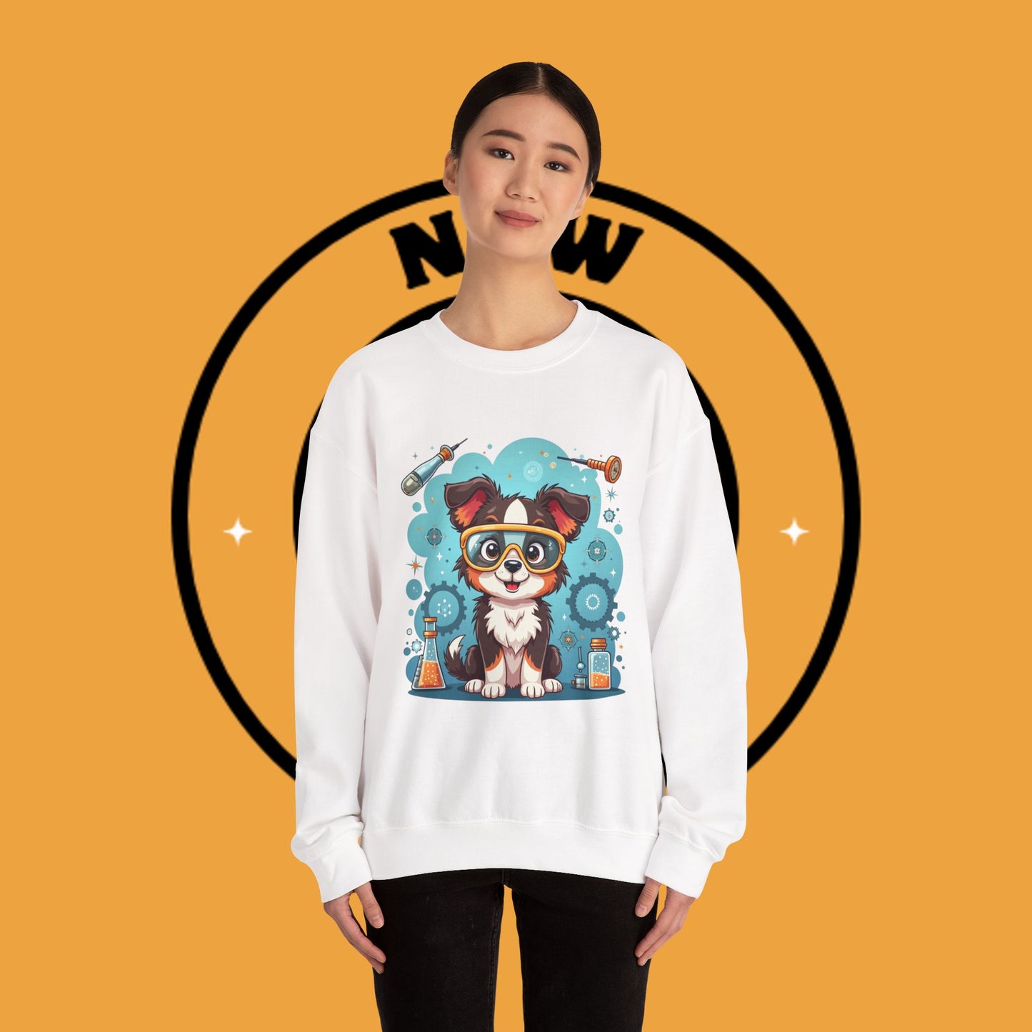 Science Dog Crewneck Sweatshirt - Cute Puppy Scientist with Lab Goggles Design | STEM Lover Gift