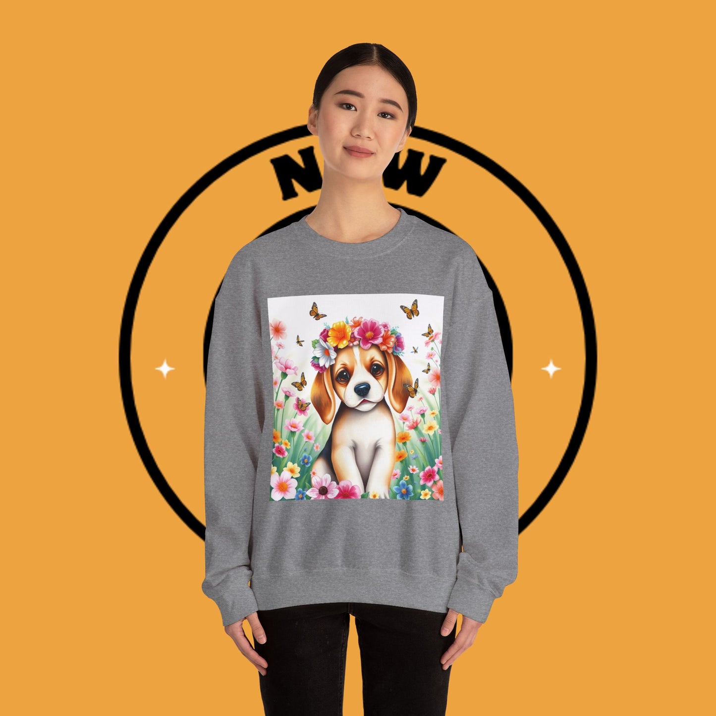 Flower Wreath Dog Crewneck Sweatshirt - Spring Beagle Design with Butterflies