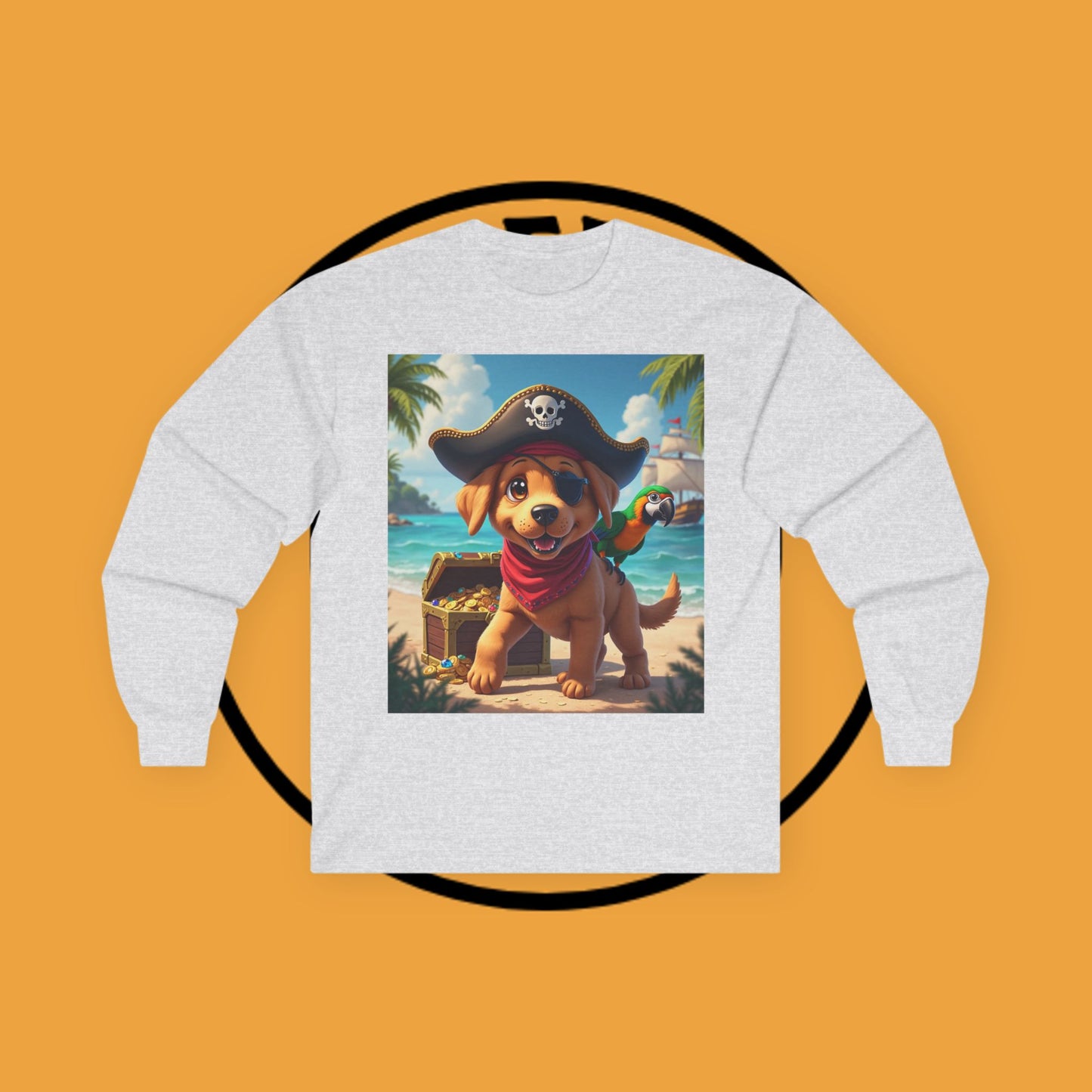 Adventurous Pirate Puppy Long Sleeve T-Shirt - Dog Design with Pirate Hat and Tropical Treasure Long Sleeve T-Shirt for Adventure Lovers π΄β οΈπ¦