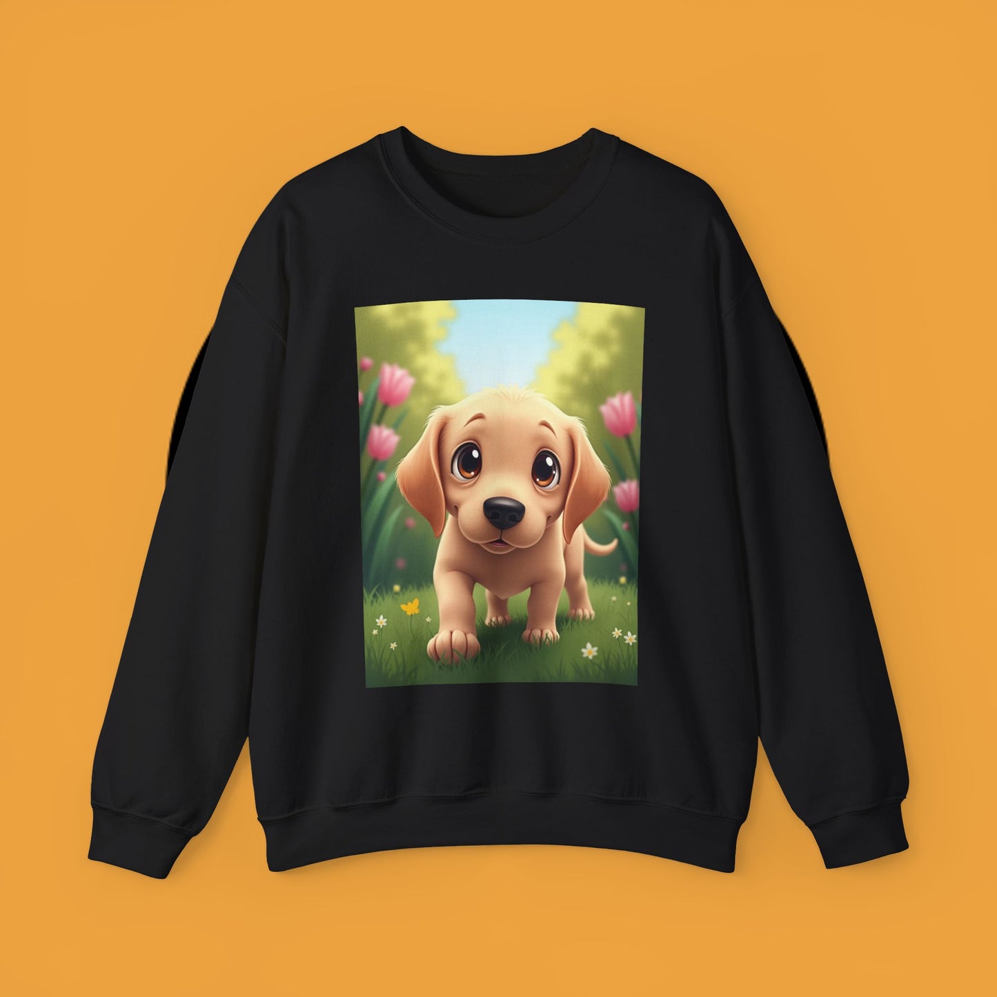 Adorable Golden Retriever Puppy in a Garden with Flowers - Cute Puppy Photo kawaii style