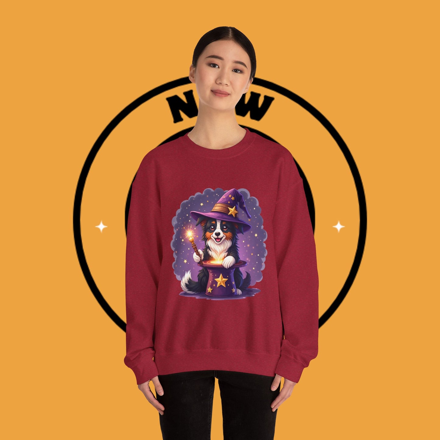 Magical Wizard Dog Crewneck Sweatshirt - Adorable Puppy Magician with Hat & Wand | Fantasy Pet Lover Gift Tee