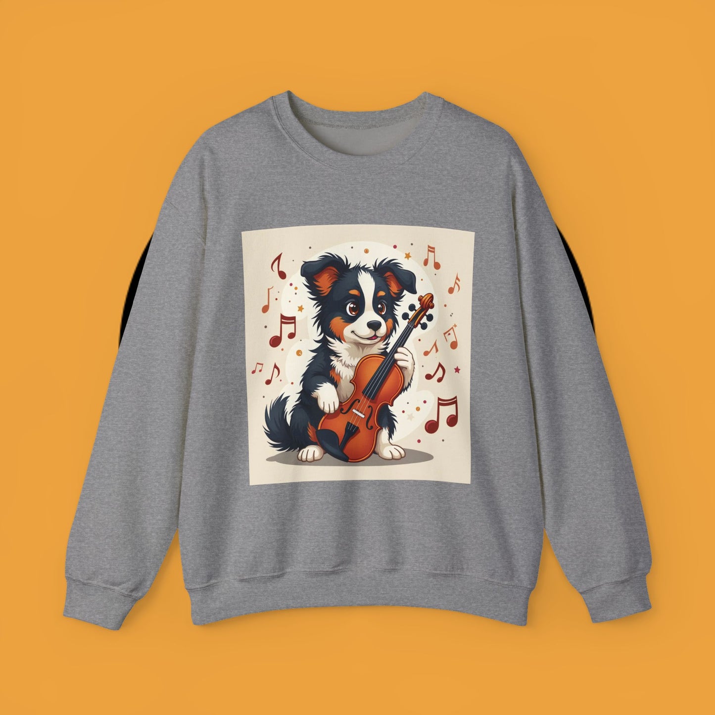 Music Dog Crewneck Sweatshirt - Cute Puppy Violinist with Musical Notes Design | Musician Gift