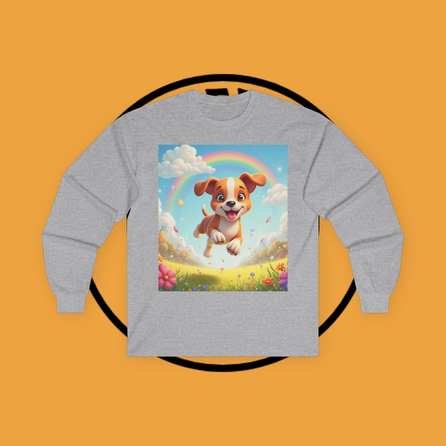 Happy Puppy Rainbow Jumping Spring Flowers Long Sleeve Shirt