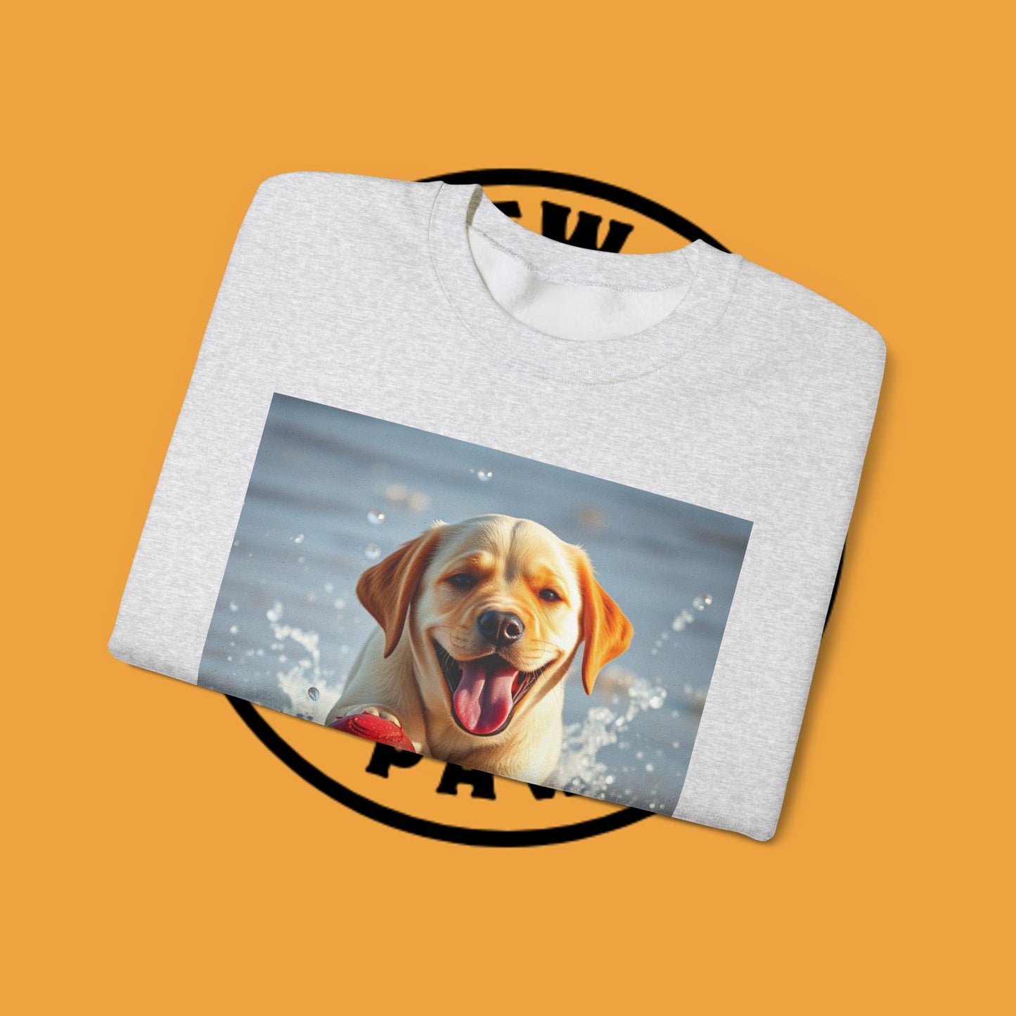 Unisex Dog Lover Crewneck Sweatshirt Labrador Puppy Playing with a Ball on the Beach - Photo of a Happy Dog Running in the Water