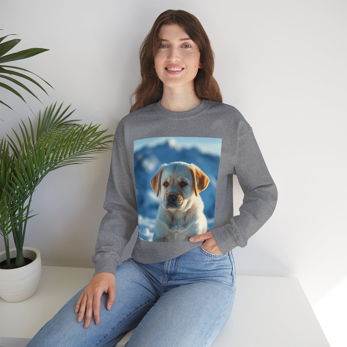 Crewneck Sweatshirt - Cute Labrador Puppy with Blue Eyes - Adorable Dog Portrait in Snow