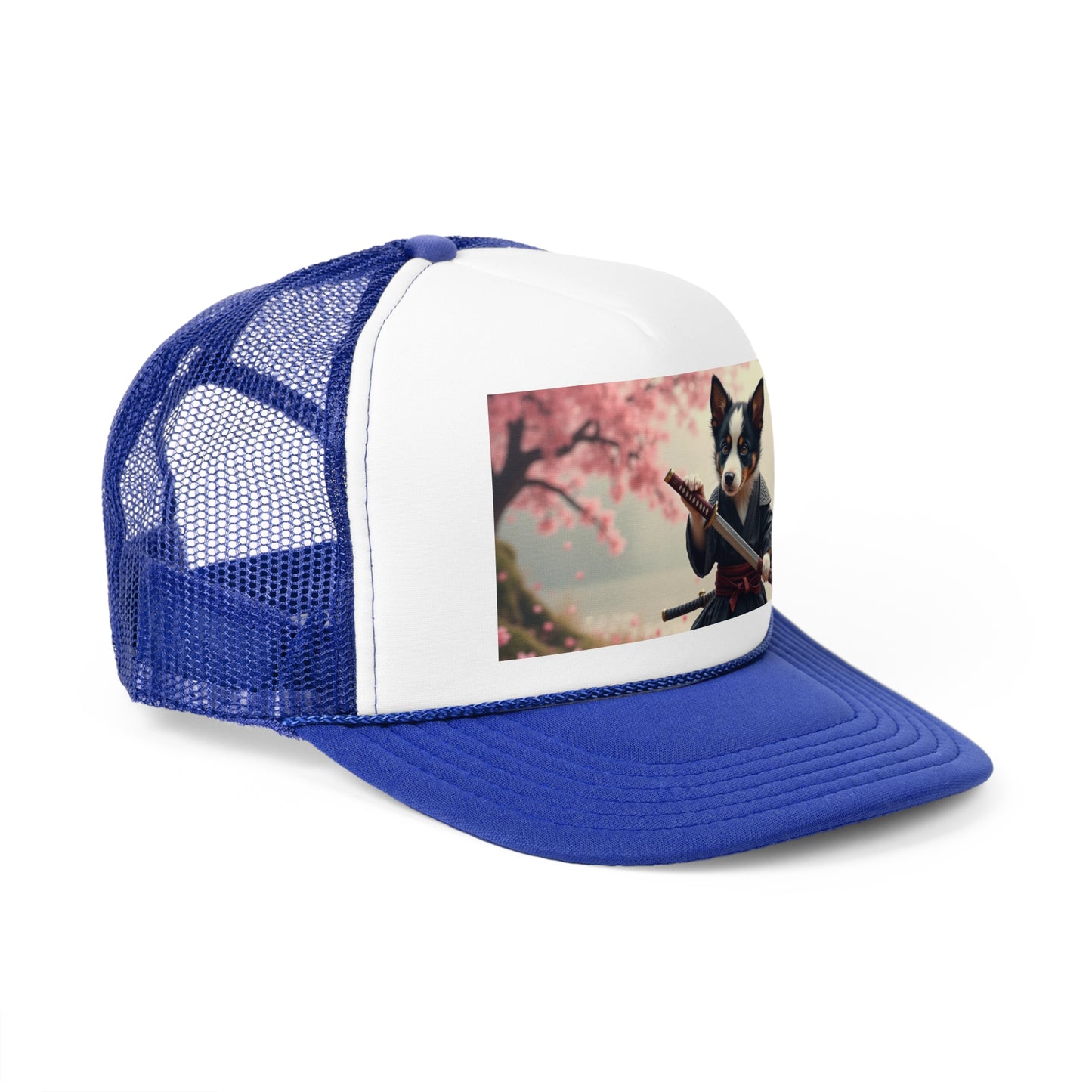 Samurai Puppy Trucker Hat - Japanese Warrior Dog Cap - Cherry Blossom Ninja Baseball Hat