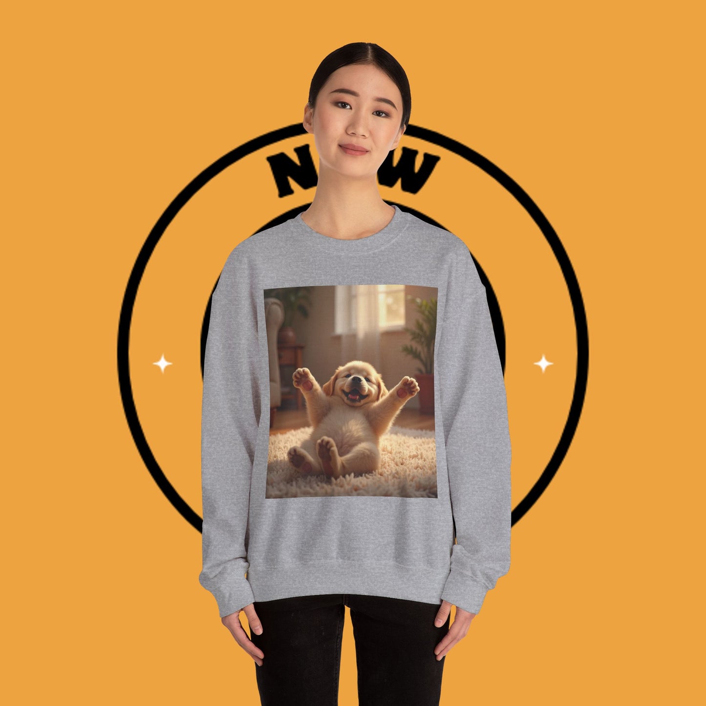 Unisex Dog Lover Crewneck Sweatshirt - Joyful Paws: Yellow Lab Puppy Stretching on Plush Carpet