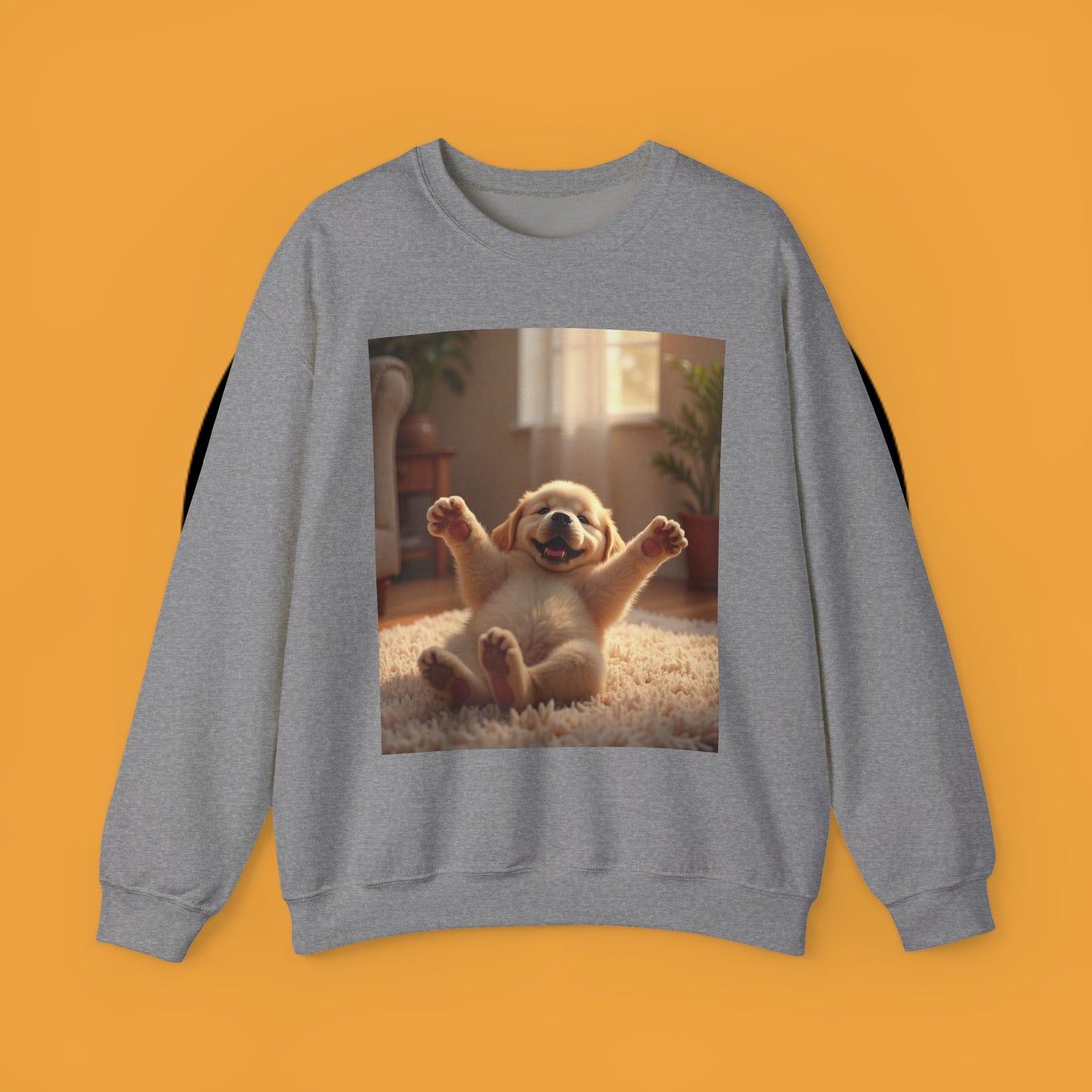 Unisex Dog Lover Crewneck Sweatshirt - Joyful Paws: Yellow Lab Puppy Stretching on Plush Carpet