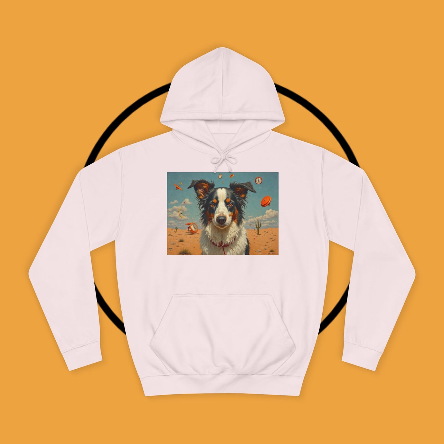 "Surreal Border Collie Time Desert Hoodie - Flying Clocks Artistic Dog Sweatshirt | Dreamlike Fantasy Design"