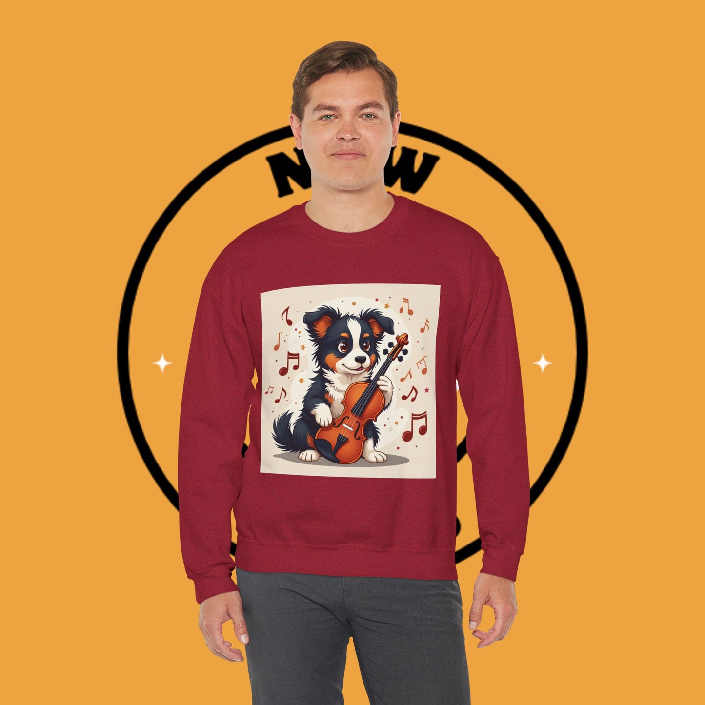 Music Dog Crewneck Sweatshirt - Cute Puppy Violinist with Musical Notes Design | Musician Gift