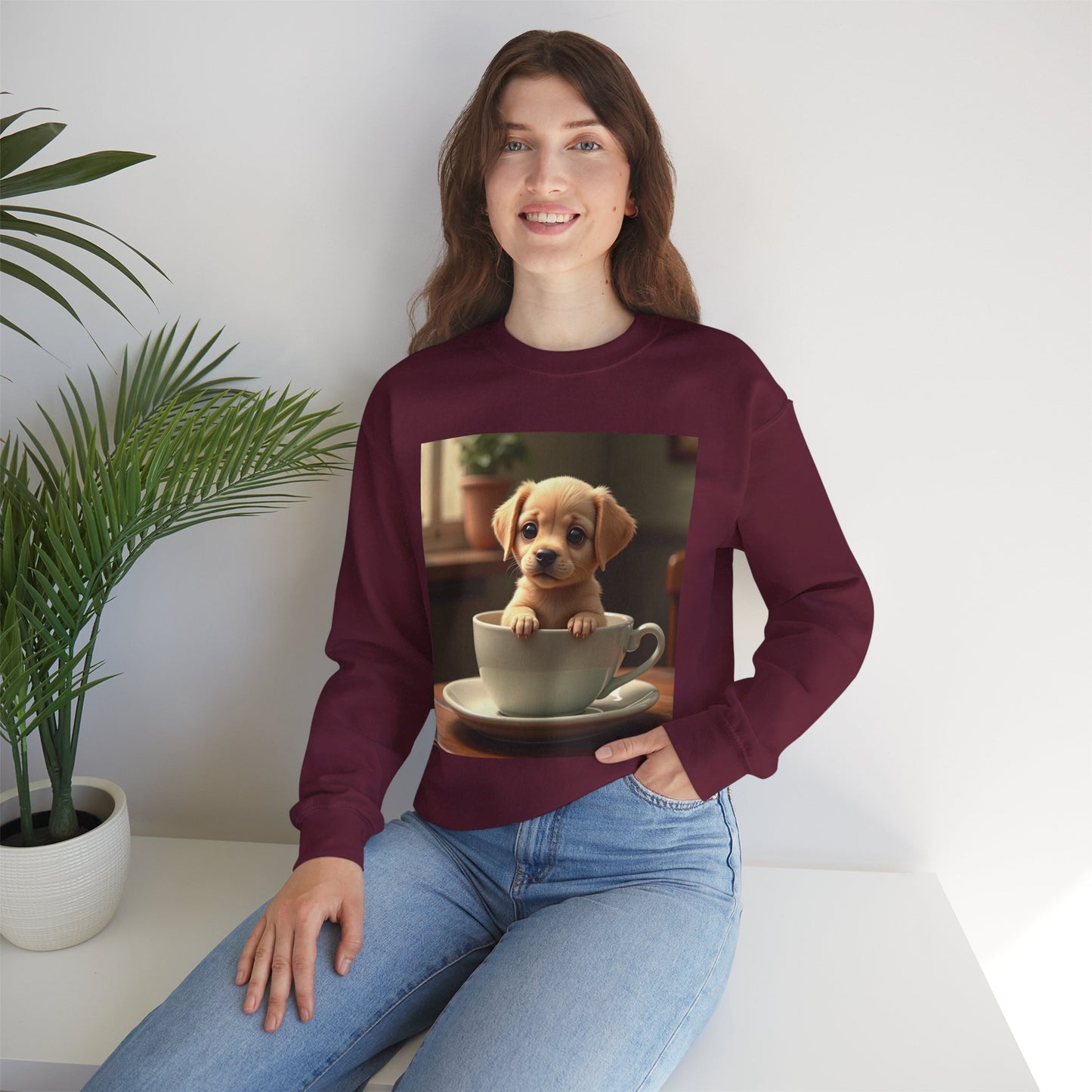 Unisex Dog Lover Crewneck Sweatshirt - Teacup Puppy: Adorable Yellow Lab in Coffee Cup