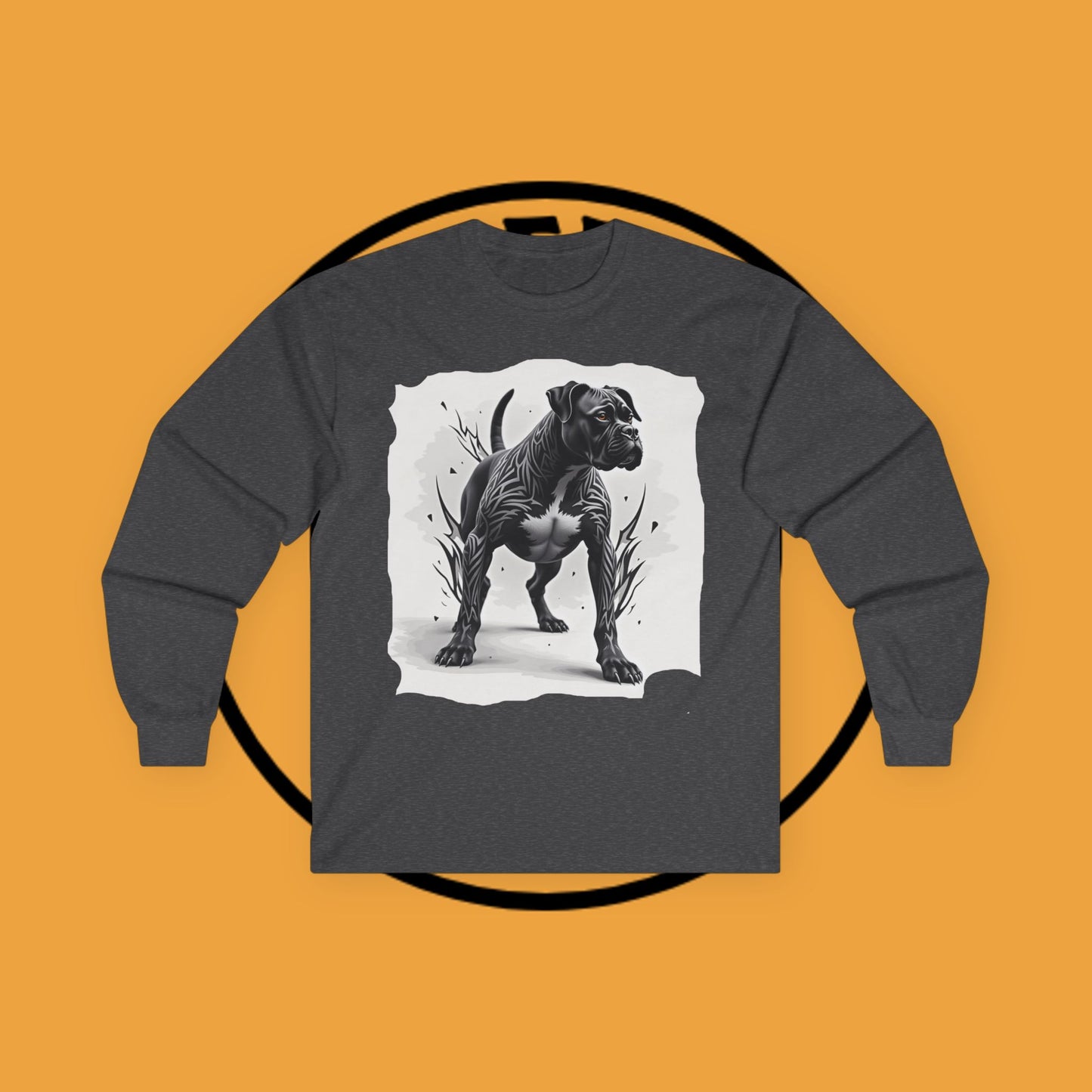Tribal Tattoo Style Boxer Dog Long Sleeve T-Shirt - Bold Black & White Art Design