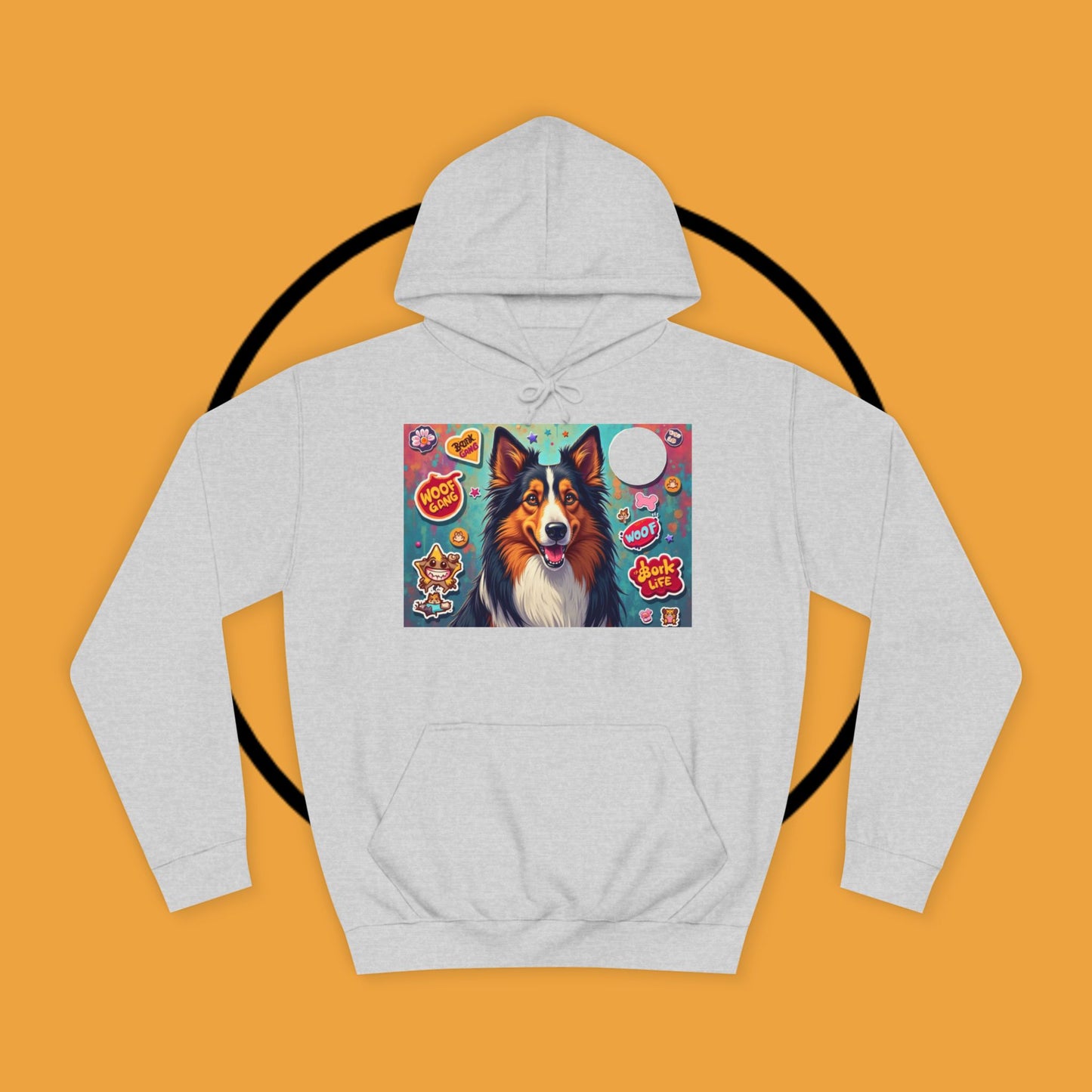 "Dog Sticker Pack Hoodie - Vibrant Collie with Fun Dog Patches Design | Millennial Pet Lover Streetwear"