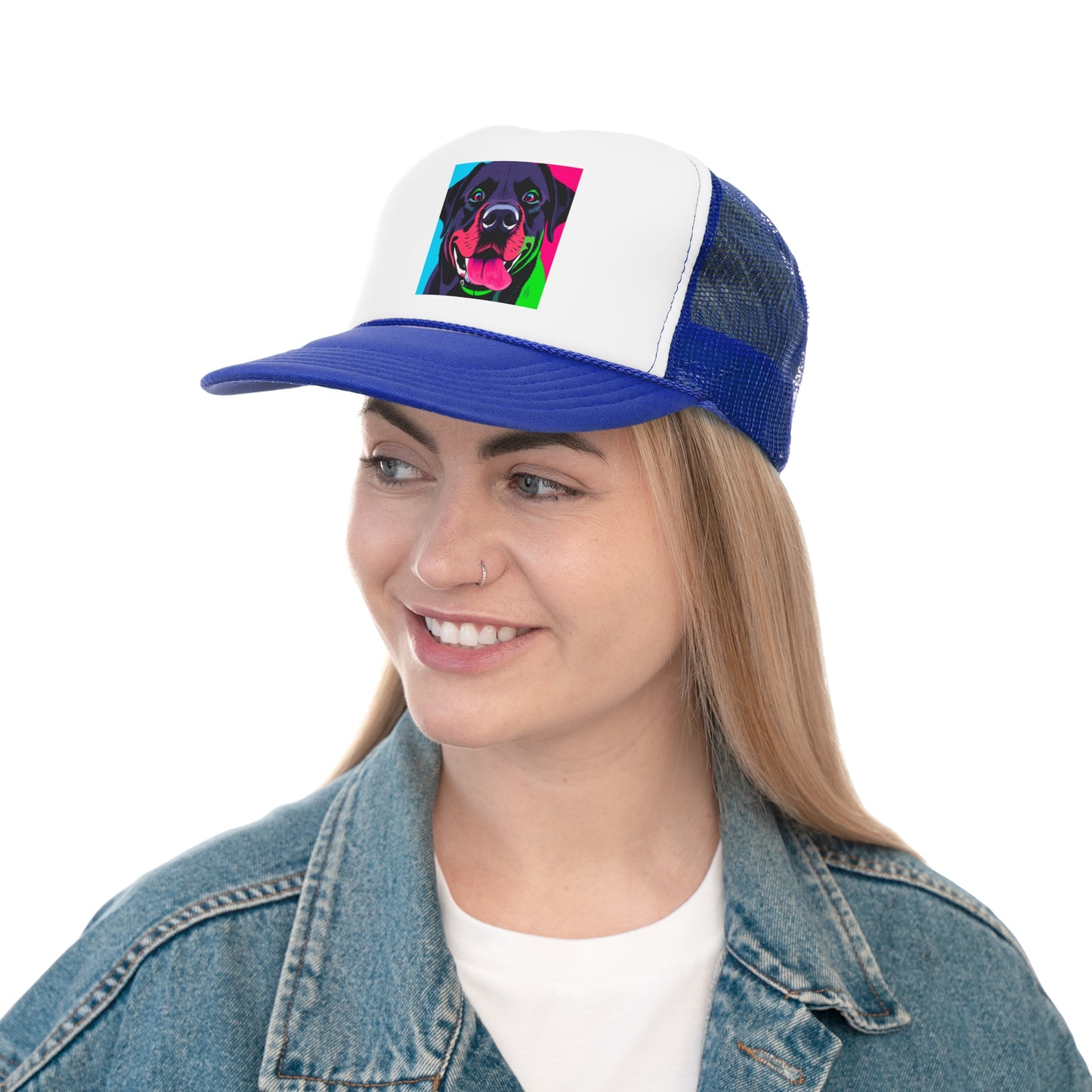 Psychedelic Pop Art Dog Trucker Hat - Vibrant Neon Colors Lab Portrait Cap - Perfect for Pet Lovers