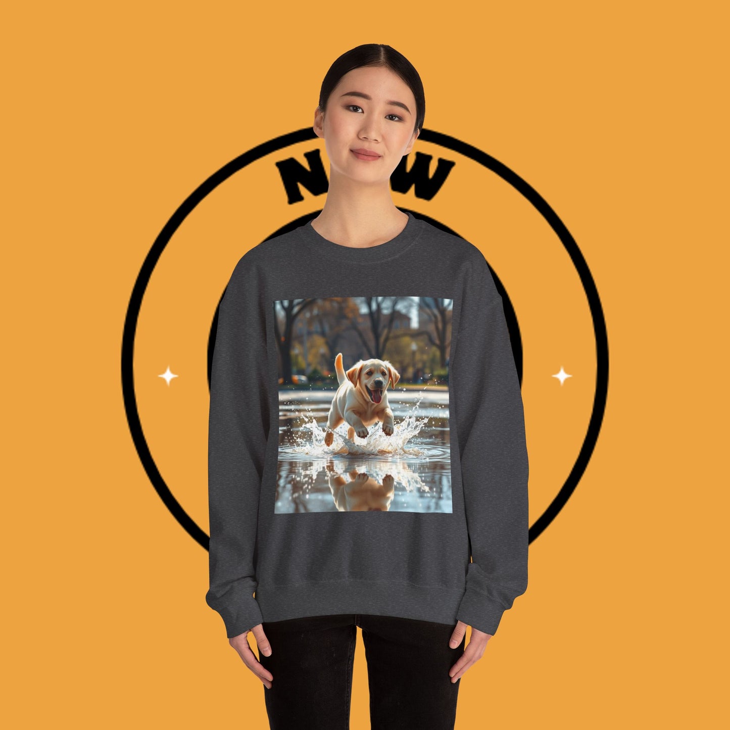 Unisex Dog Lover Crewneck Sweatshirt -Labrador Puppy Running in Water - Happy Dog Splashing in Puddle
