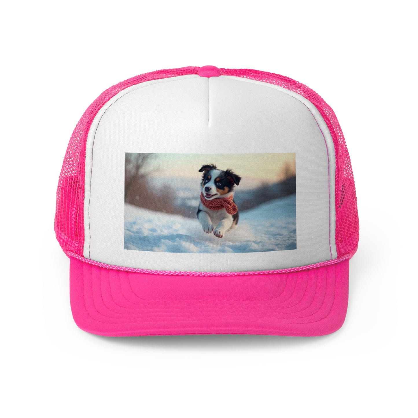 Winter Puppy Trucker Hat - Cozy Dog in Snow Cap - Adorable Scarf Puppy Baseball Hat