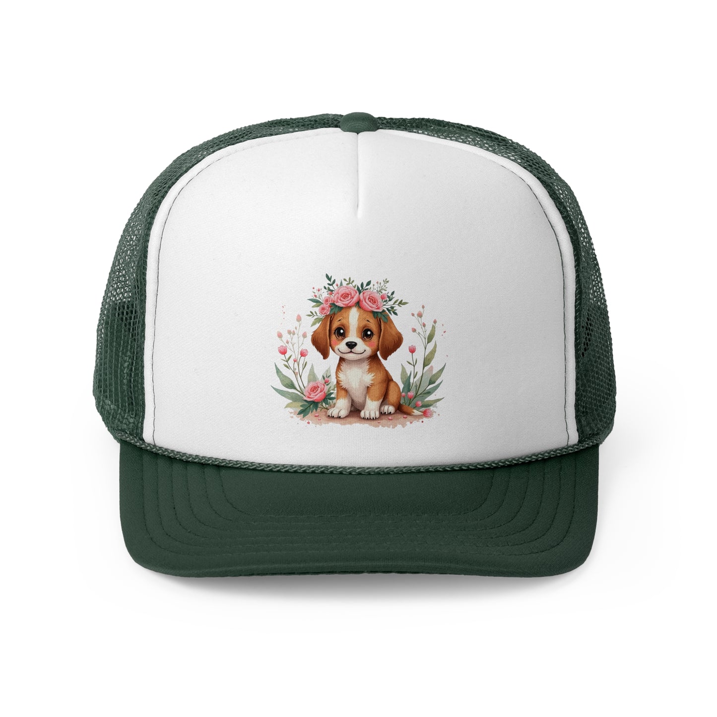 Cute Beagle Puppy with Pink Roses Floral Crown Trucker Hat - Adorable Dog Flower Crown Cap | Sweet Pet Lover Gift | Feminine Snapback