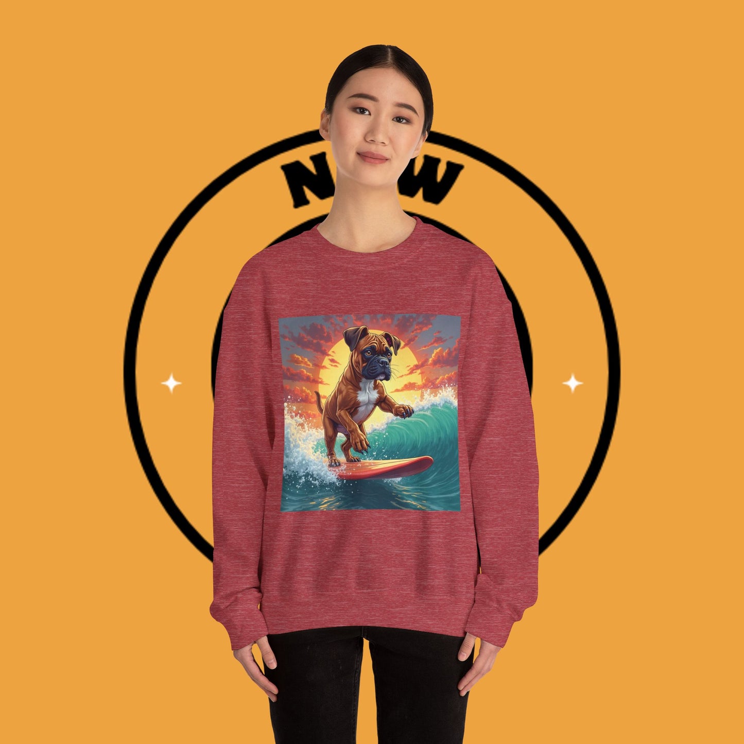 Surfing Boxer Dog Crewneck Sweatshirt | Funny Beach Surfer Gift | Epic Wave Riding Pup Design