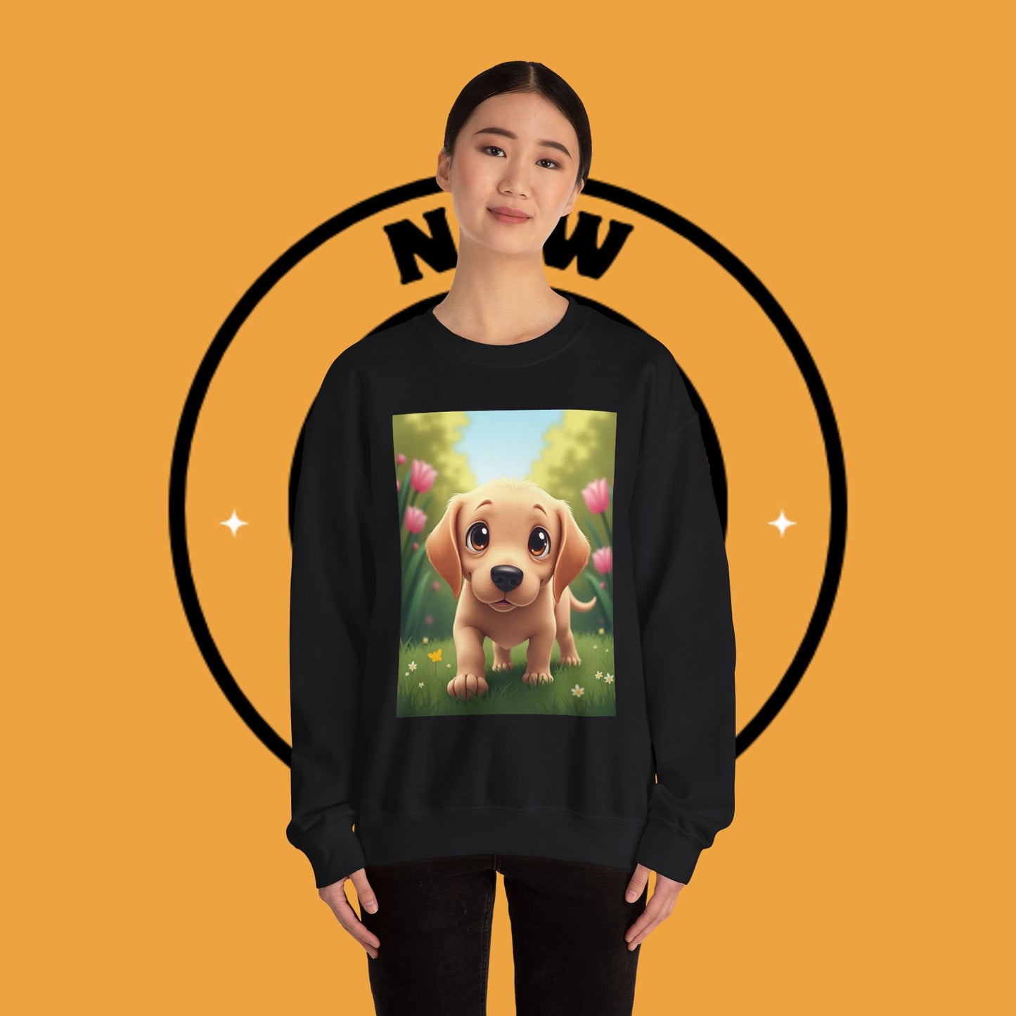 Adorable Golden Retriever Puppy in a Garden with Flowers - Cute Puppy Photo kawaii style