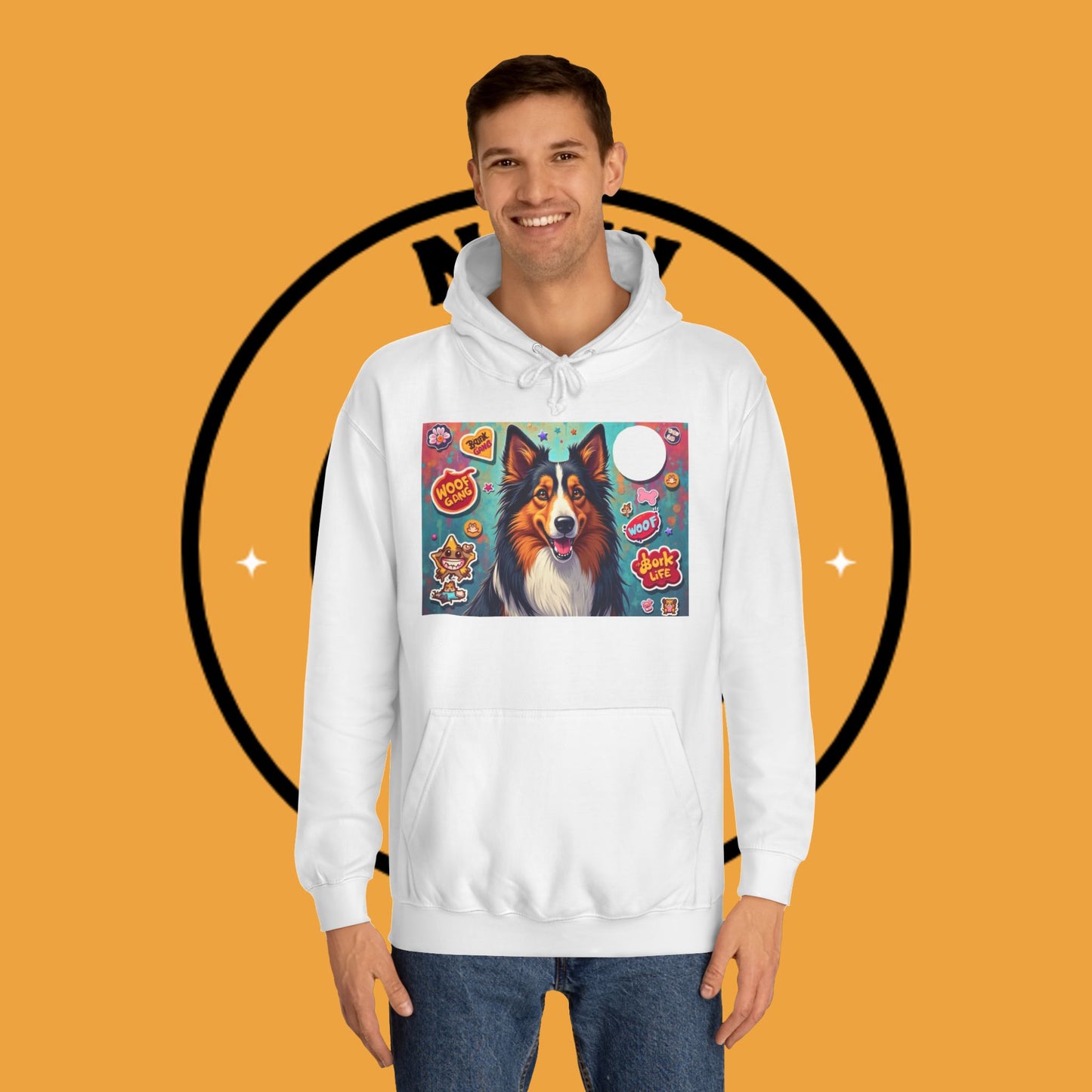 "Dog Sticker Pack Hoodie - Vibrant Collie with Fun Dog Patches Design | Millennial Pet Lover Streetwear"