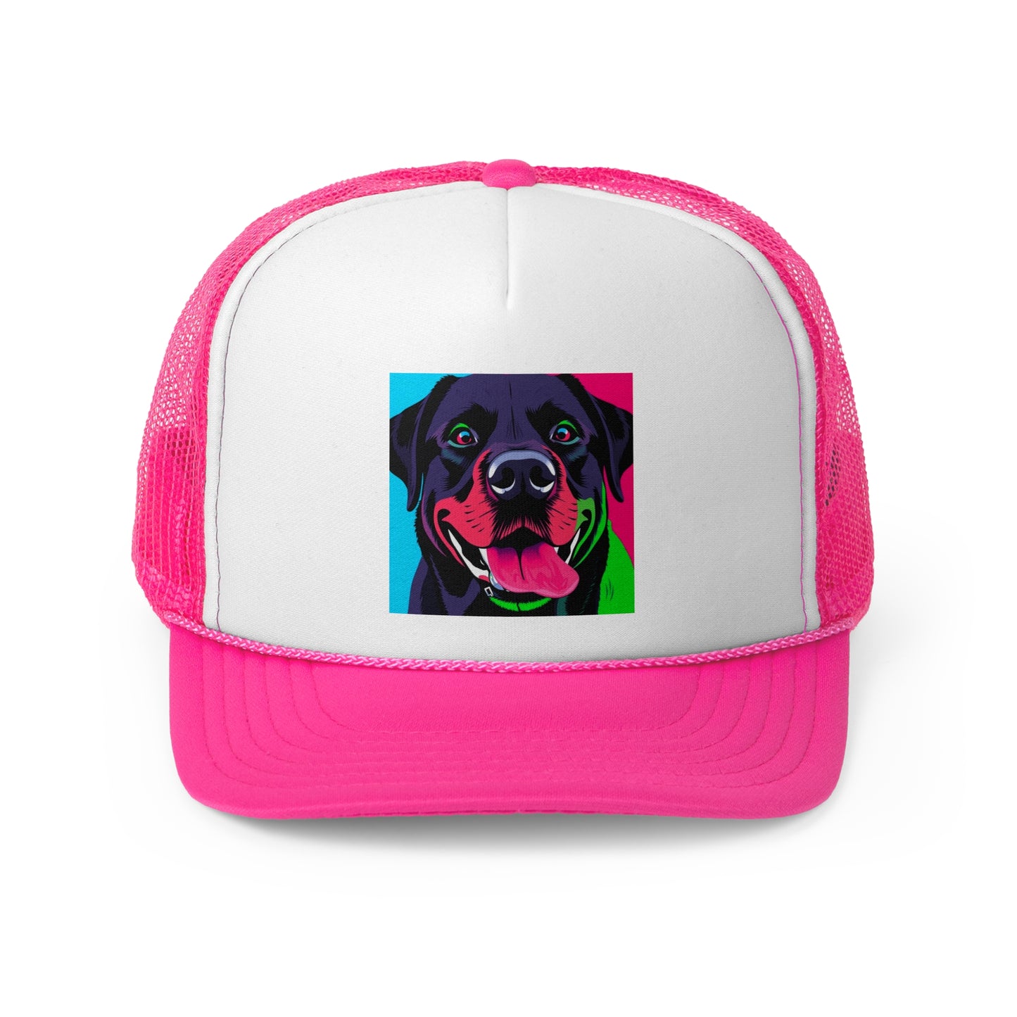 Psychedelic Pop Art Dog Trucker Hat - Vibrant Neon Colors Lab Portrait Cap - Perfect for Pet Lovers