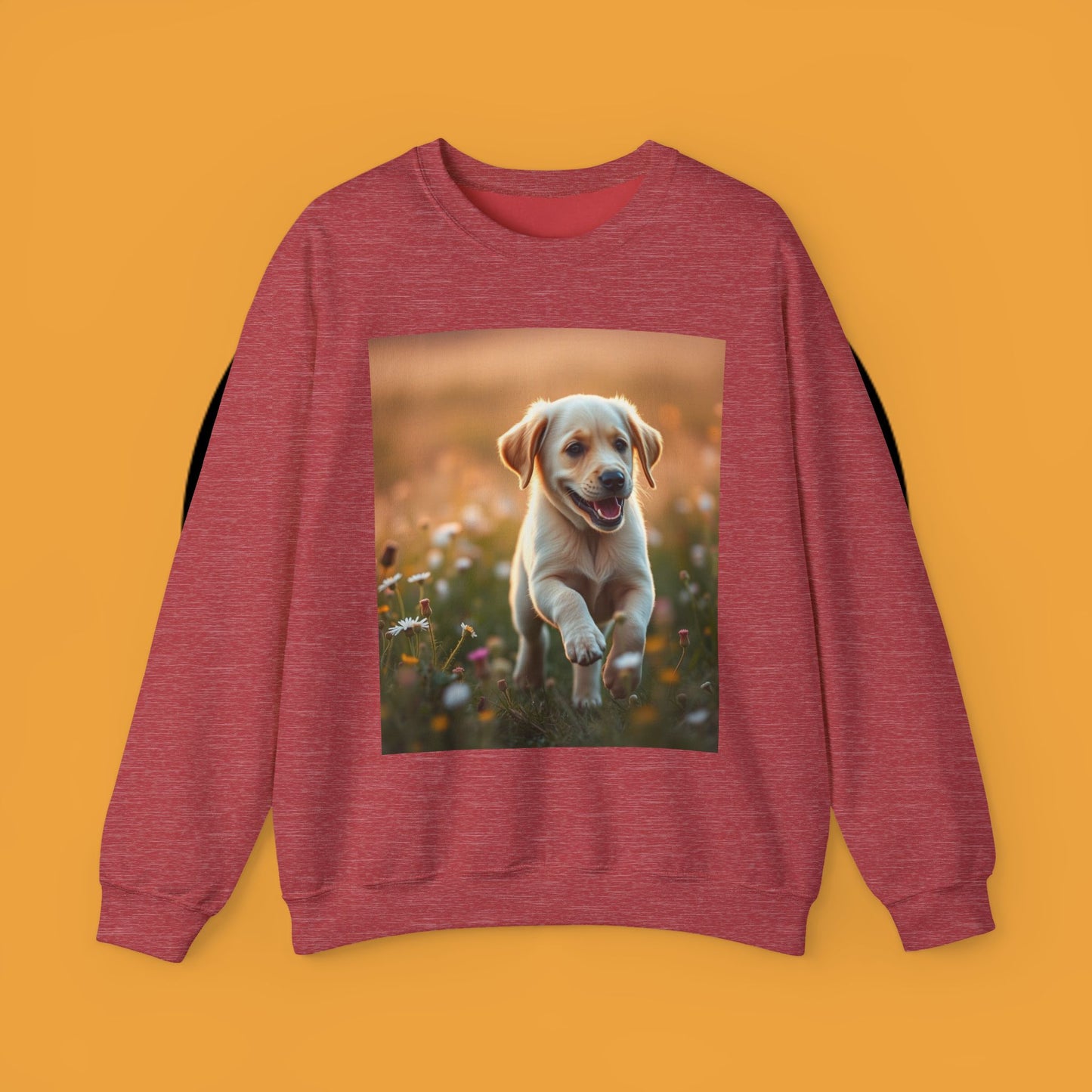Unisex Dog Lover Crewneck Sweatshirt - Playful Labrador Puppy Running Through Wildflower Meadow