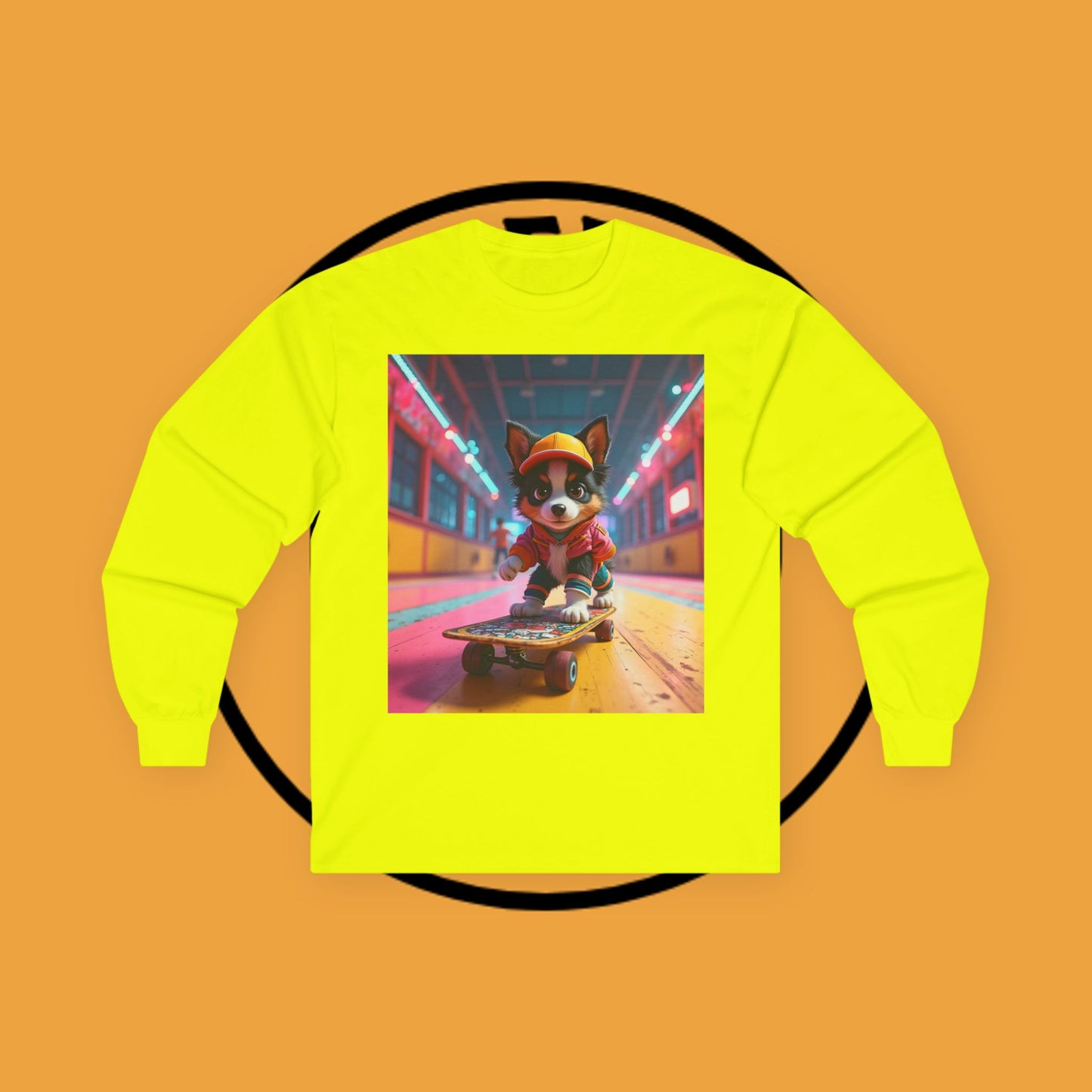 "Cool Skateboarding Puppy Long Sleeve Tee - Urban Street Art Dog Shirt - Cyberpunk Neon Skater Apparel"