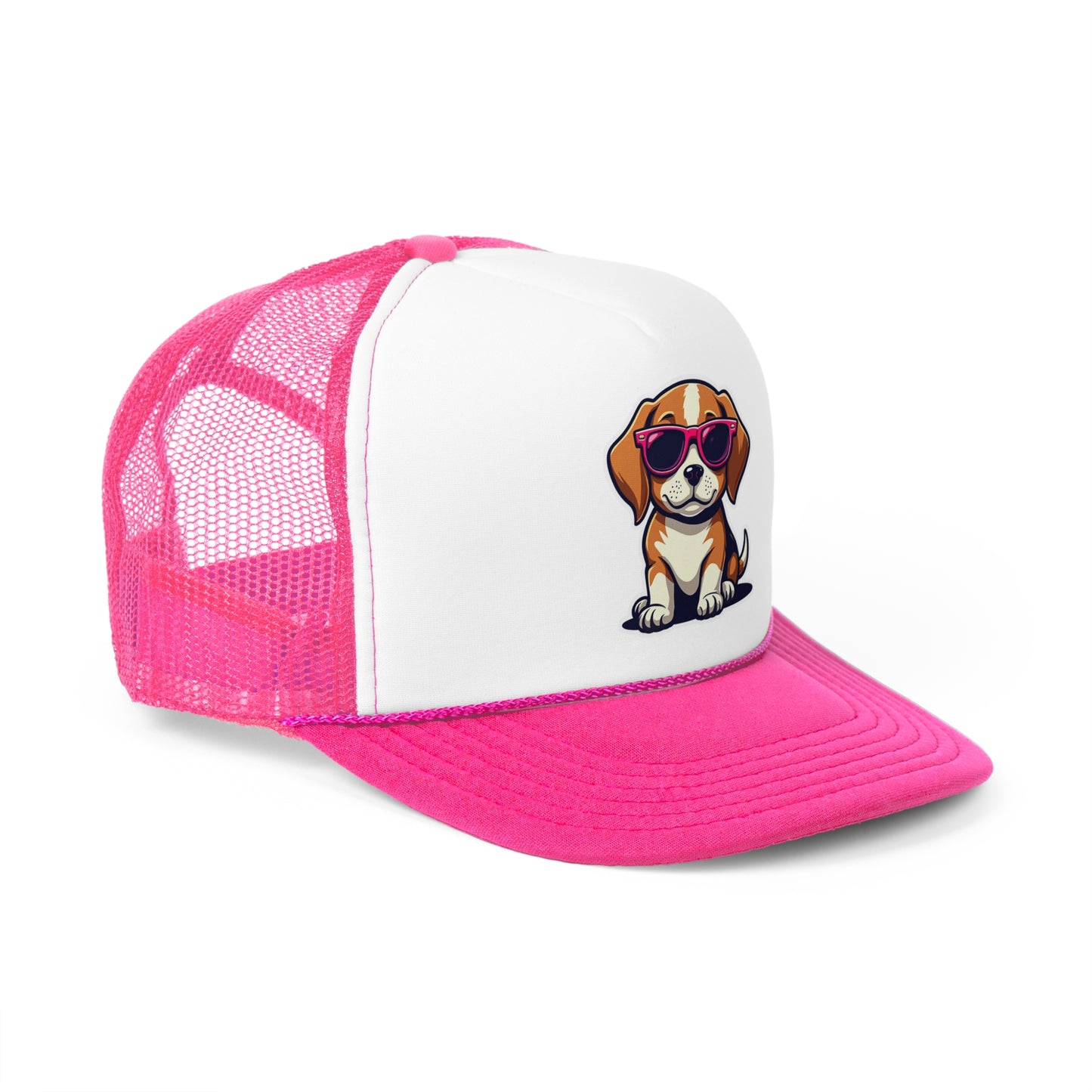 Cool Beagle Dog with Pink Sunglasses Trucker Hat | Adjustable Mesh Back Baseball Hat - Adorable Dog Lover Unisex Cap