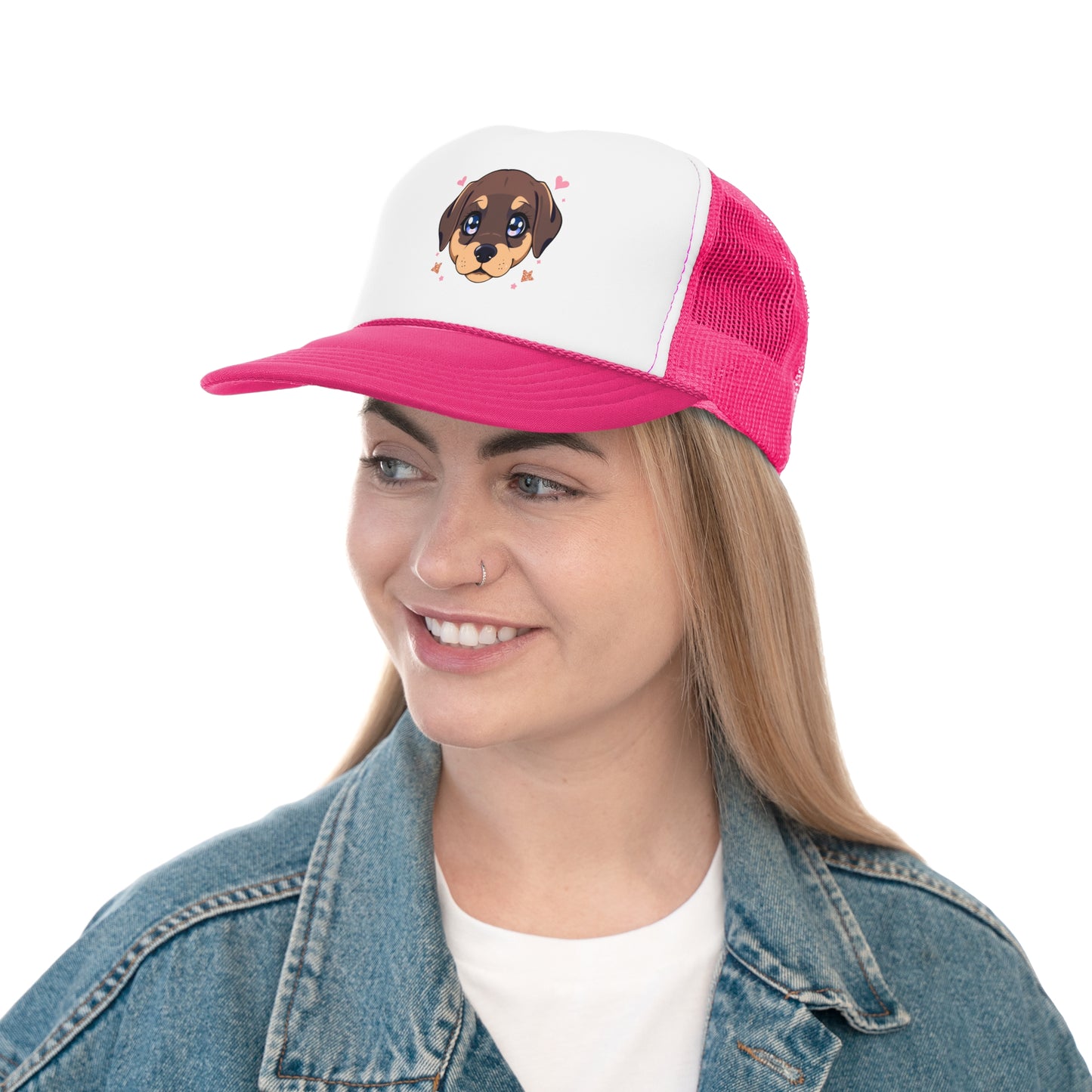 Kawaii Puppy Trucker Cap - Cute Anime Design with Hearts - Adorable Unisex Cap
