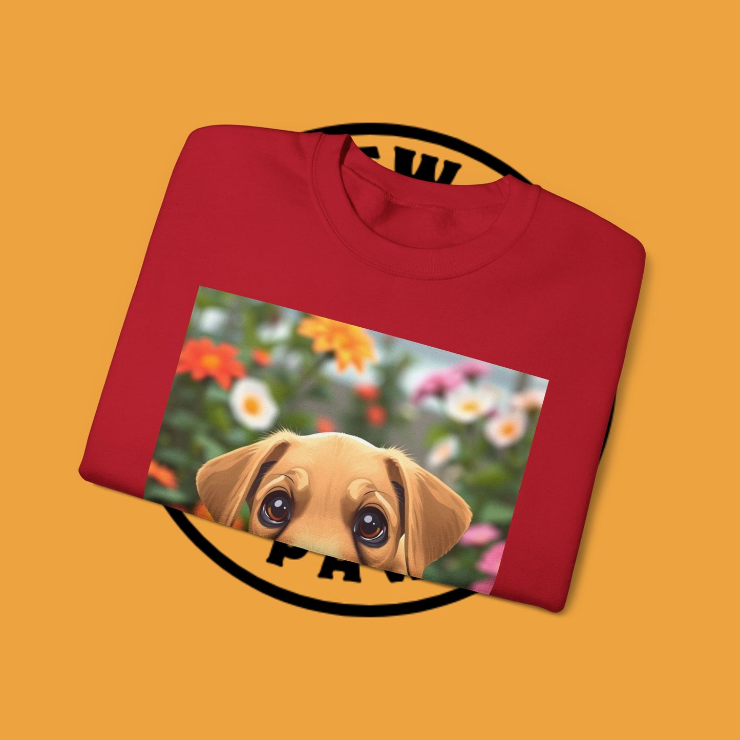 Unisex Dog Lover Crewneck Sweatshirt - Cute puppe with big eyes in floral garden