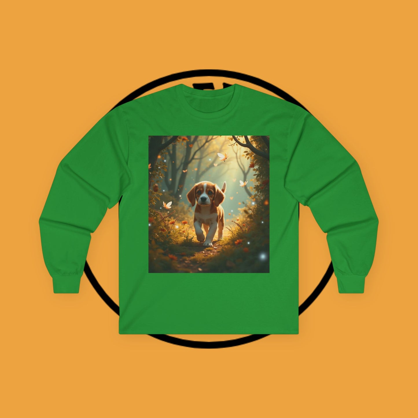 Magical Forest Beagle Puppy with Autumn Leaves and Butterflies Long Sleeve Tee