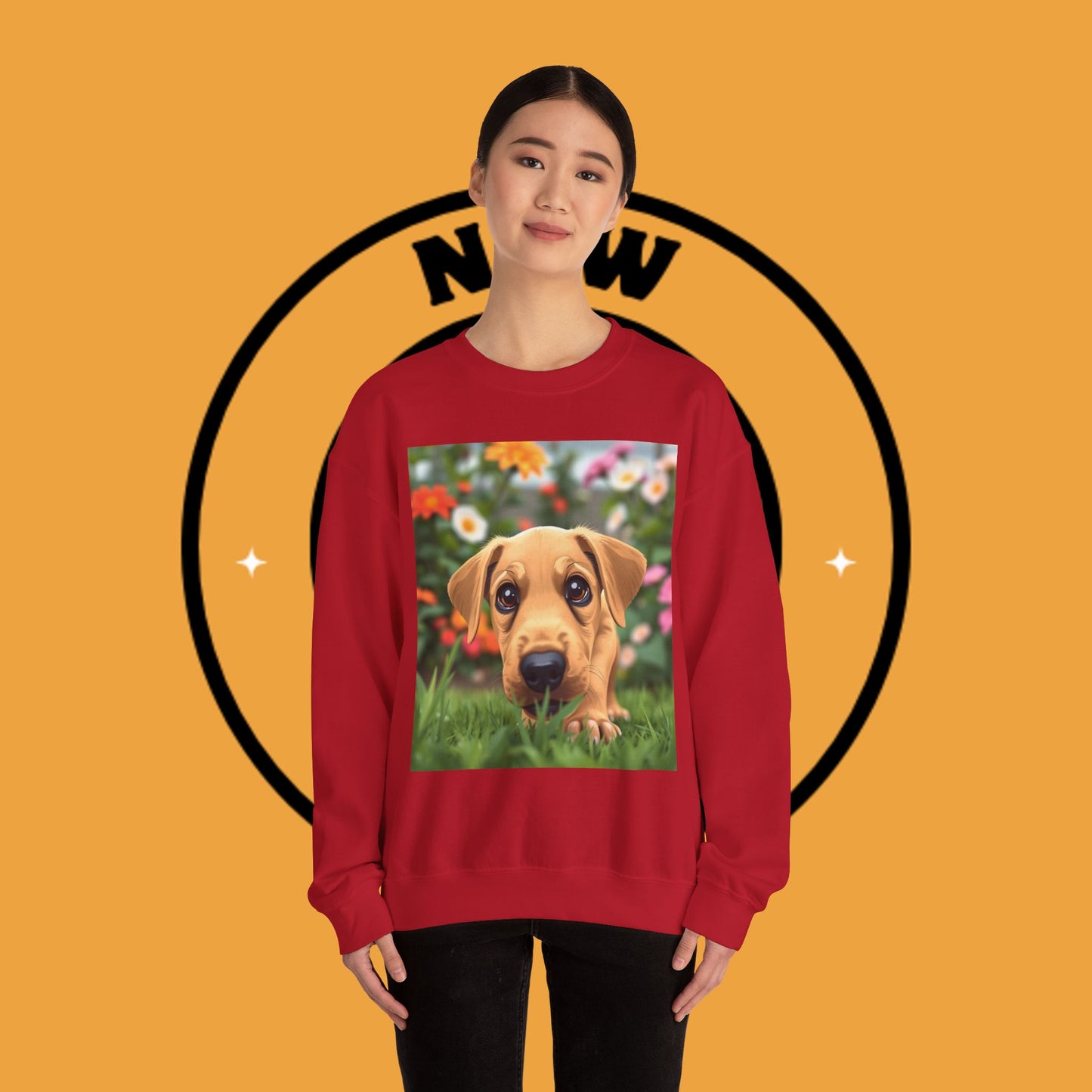 Unisex Dog Lover Crewneck Sweatshirt - Cute puppe with big eyes in floral garden