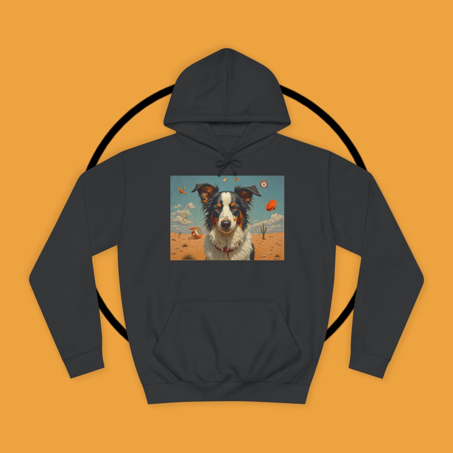 "Surreal Border Collie Time Desert Hoodie - Flying Clocks Artistic Dog Sweatshirt | Dreamlike Fantasy Design"