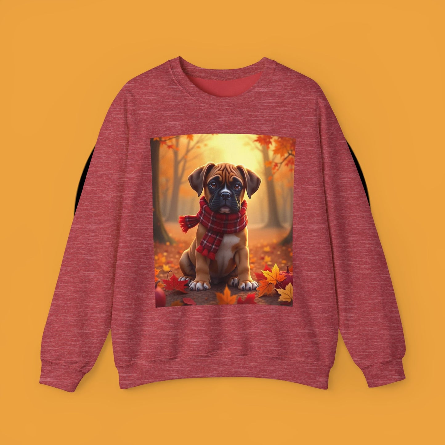Cute Boxer Puppy Autumn Crewneck Sweatshirt | Fall Dog Lover Gift | Cozy Plaid Scarf Design