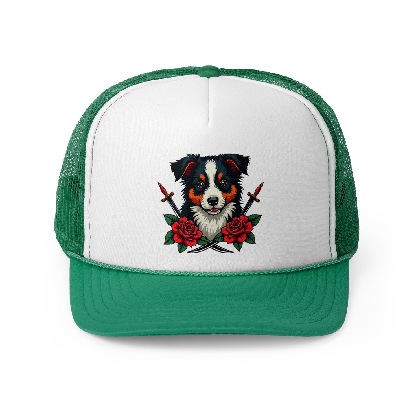 Fierce Border Collie Tattoo Style Trucker Hat - Vintage Dog Lover Cap with Roses & Daggers Design