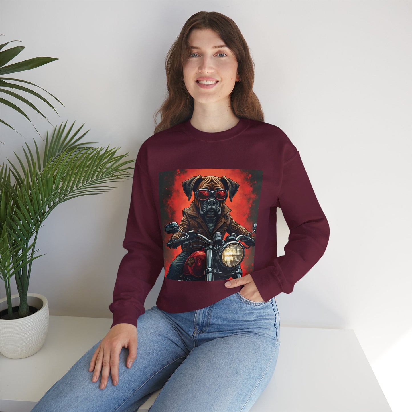 Biker Boxer Dog Crewneck Sweatshirt - Motorcycle Rebel Pup Design - Badass Pet Lover Style
