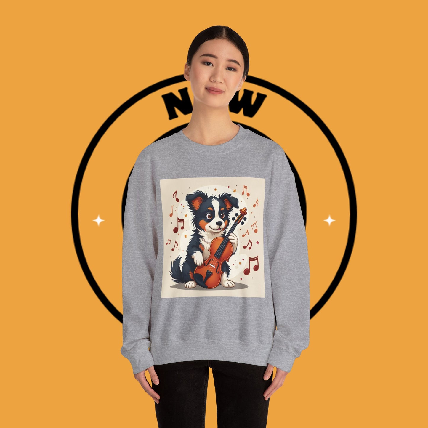 Music Dog Crewneck Sweatshirt - Cute Puppy Violinist with Musical Notes Design | Musician Gift