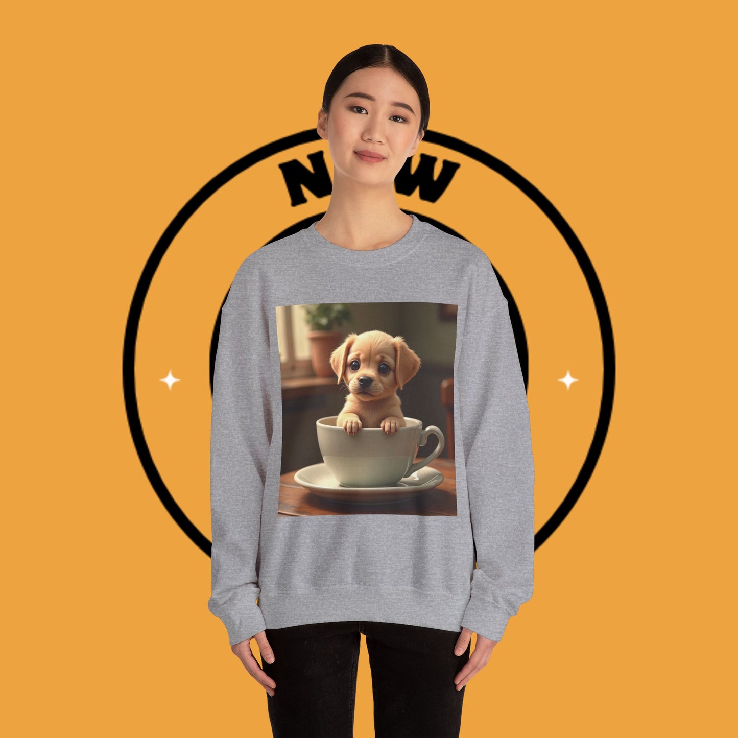 Unisex Dog Lover Crewneck Sweatshirt - Teacup Puppy: Adorable Yellow Lab in Coffee Cup