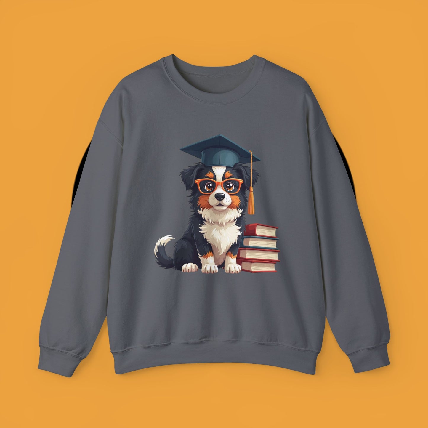 Graduation Dog Crewneck Sweatshirt - Smart Puppy Graduate Cap Books | Academic Achievement Gift