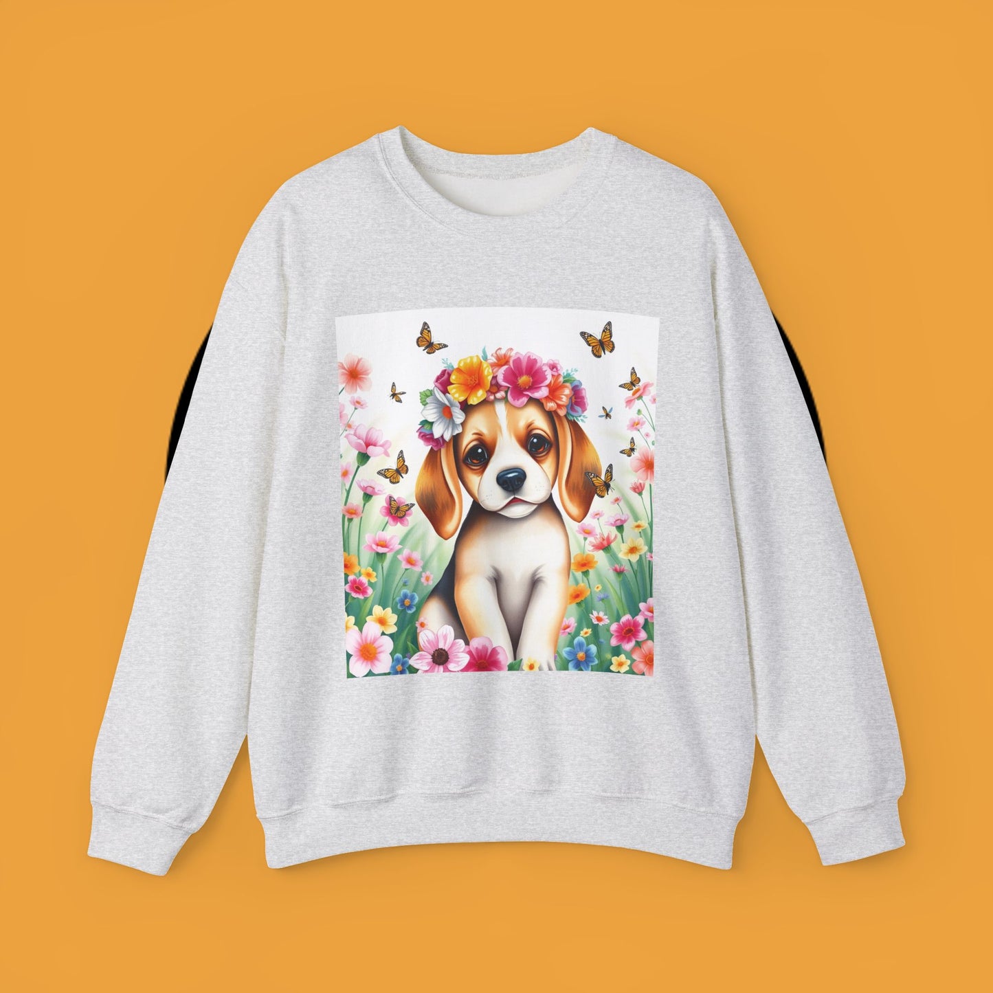 Flower Wreath Dog Crewneck Sweatshirt - Spring Beagle Design with Butterflies